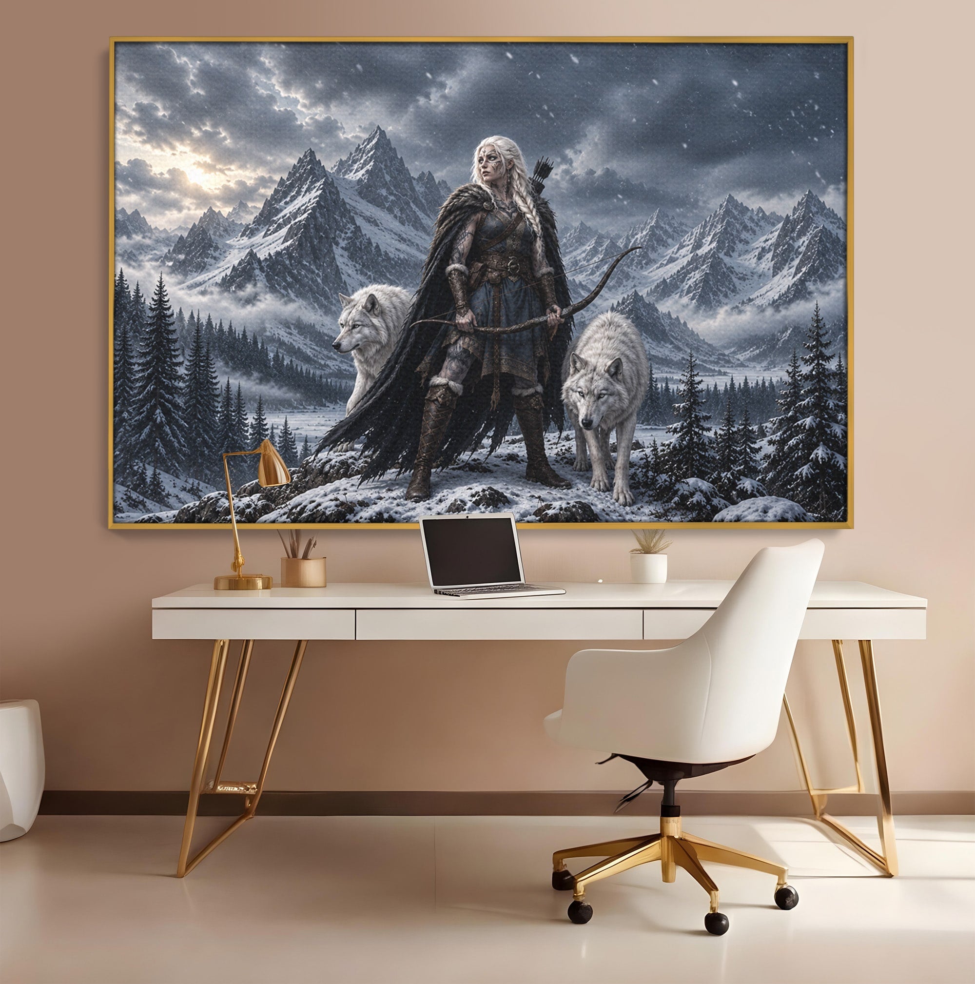Tablou Canvas Premium LuxCanva® U1138, Razboinica Lupilor, Munti, Fantezie, Aventura, Razboinica, Lupi, Living, Culori Vibrante