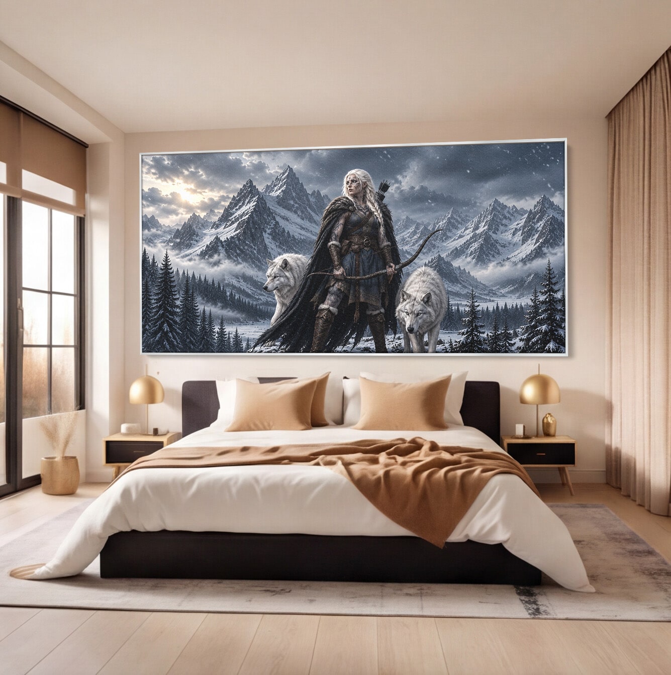 Tablou Canvas Premium LuxCanva® U1138, Razboinica Lupilor, Munti, Fantezie, Aventura, Razboinica, Lupi, Living, Culori Vibrante