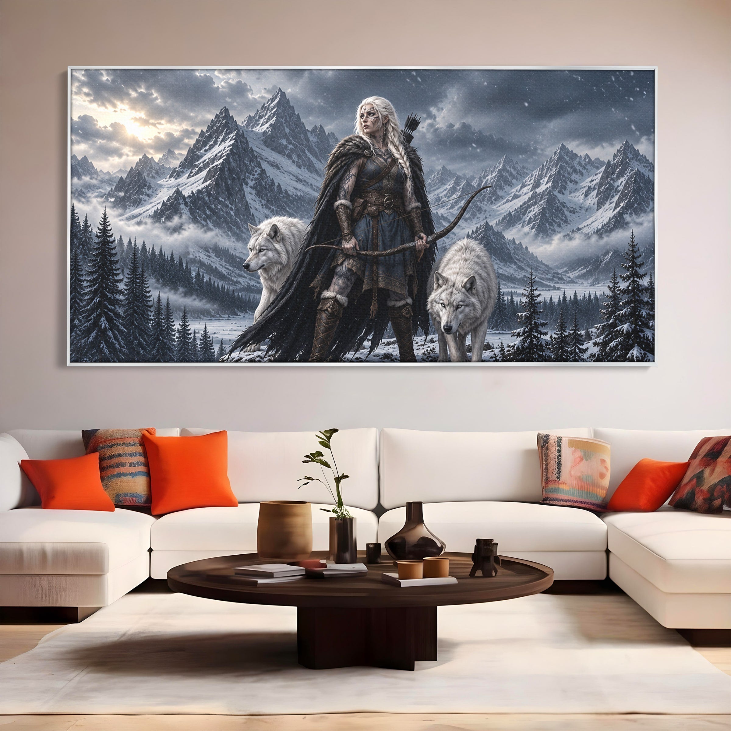 Tablou Canvas Premium LuxCanva® U1138, Razboinica Lupilor, Munti, Fantezie, Aventura, Razboinica, Lupi, Living, Culori Vibrante