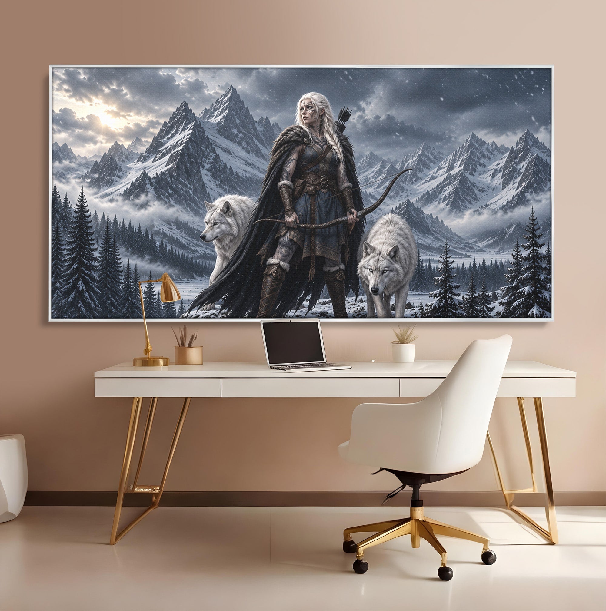 Tablou Canvas Premium LuxCanva® U1138, Razboinica Lupilor, Munti, Fantezie, Aventura, Razboinica, Lupi, Living, Culori Vibrante