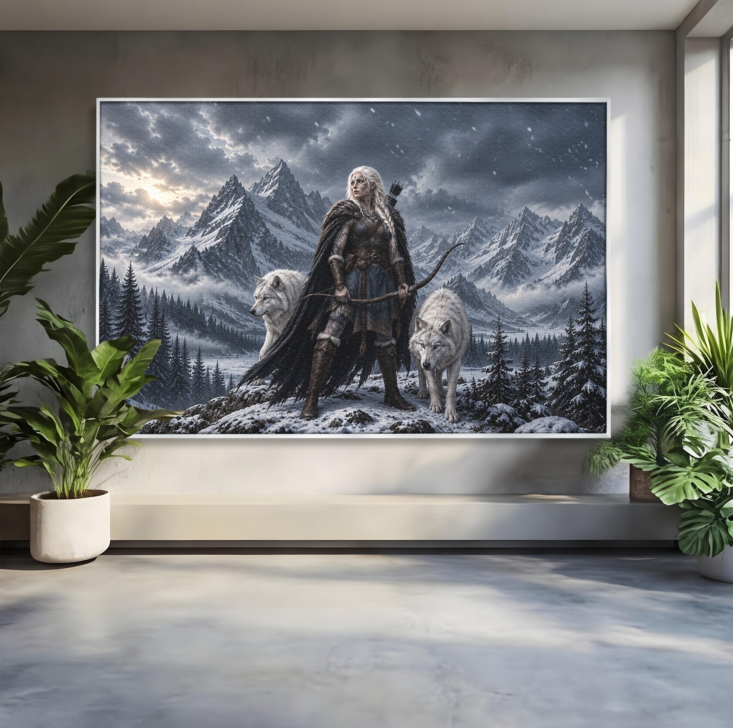 Tablou Canvas Premium LuxCanva® U1138, Razboinica Lupilor, Munti, Fantezie, Aventura, Razboinica, Lupi, Living, Culori Vibrante