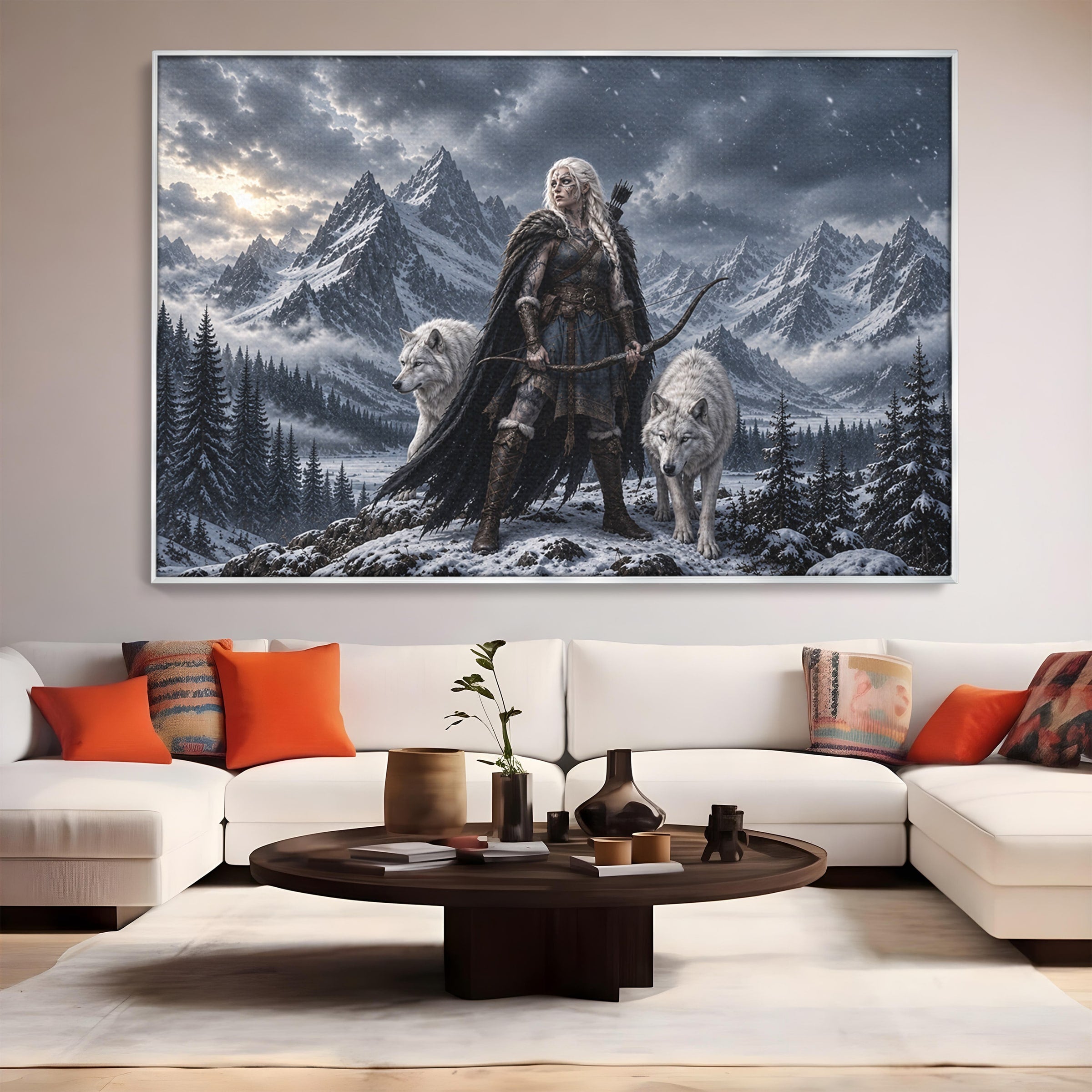 Tablou Canvas Premium LuxCanva® U1138, Razboinica Lupilor, Munti, Fantezie, Aventura, Razboinica, Lupi, Living, Culori Vibrante