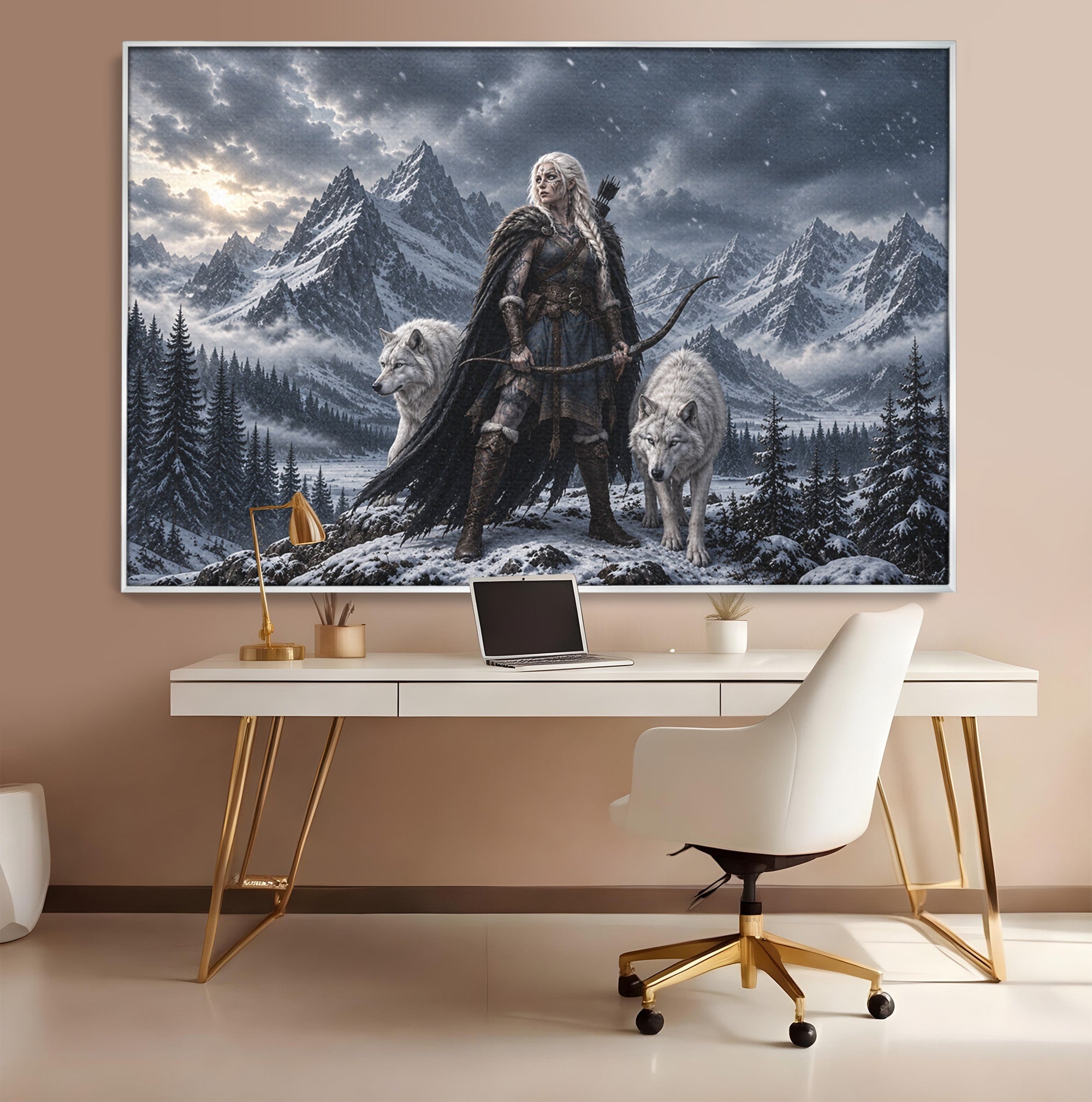 Tablou Canvas Premium LuxCanva® U1138, Razboinica Lupilor, Munti, Fantezie, Aventura, Razboinica, Lupi, Living, Culori Vibrante