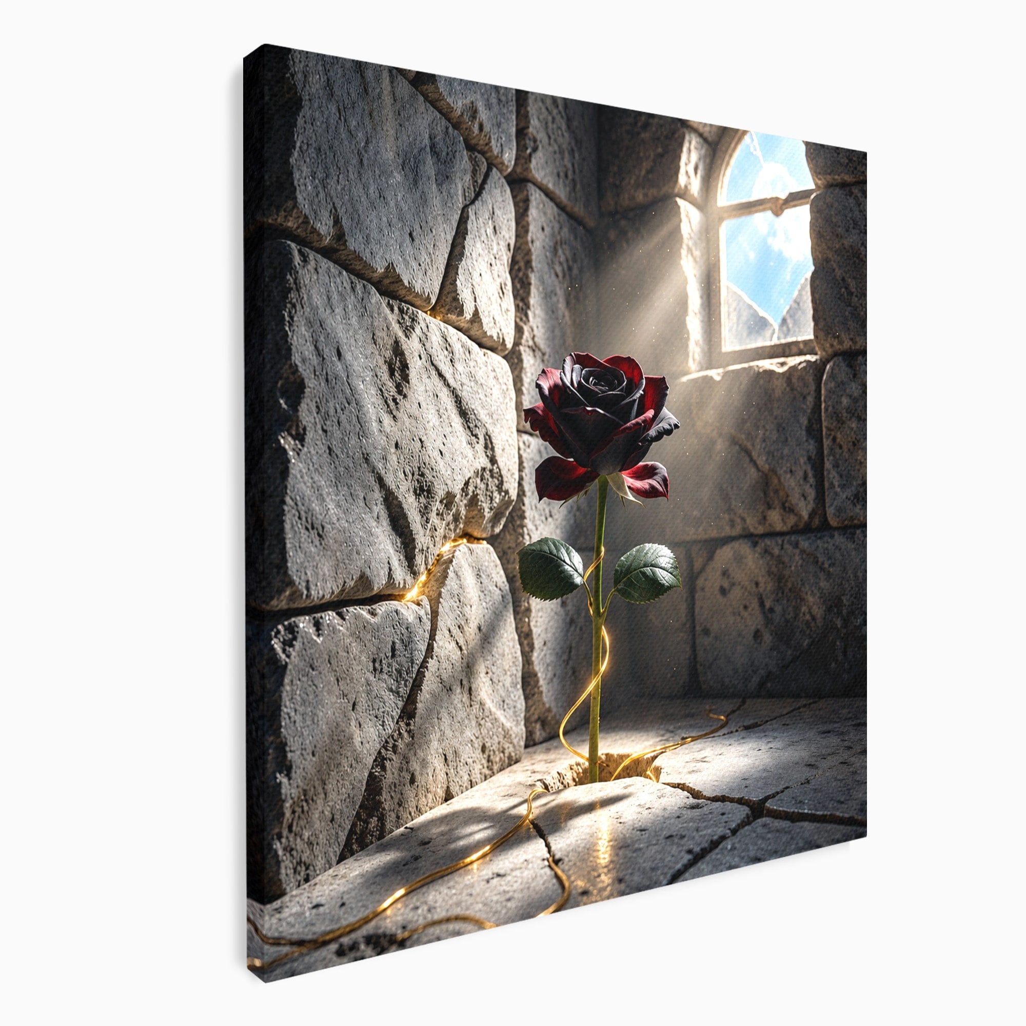 Tablou Canvas Premium LuxCanva® U1139, Trandafirul Magic, Fereastra, Lumina, Piatra, Trandafir, Dormitor, Culori Vibrante