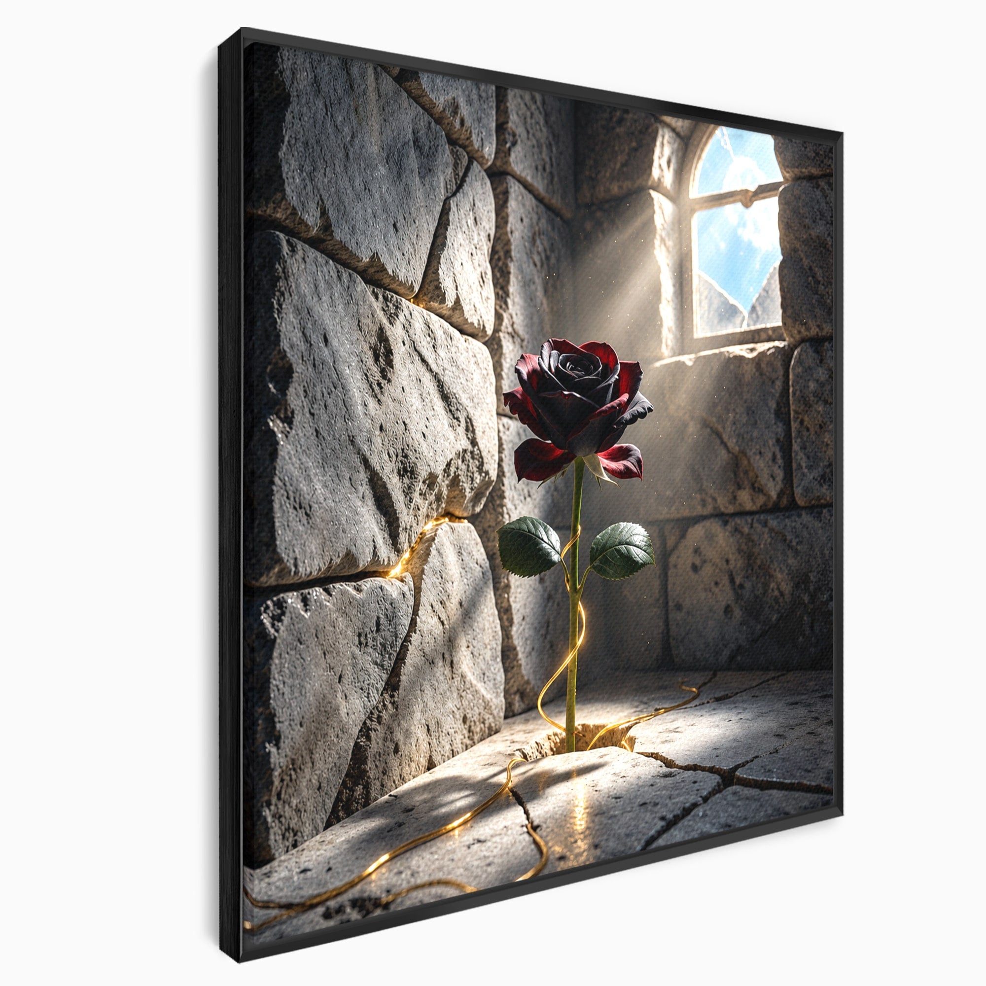 Tablou Canvas Premium LuxCanva® U1139, Trandafirul Magic, Fereastra, Lumina, Piatra, Trandafir, Dormitor, Culori Vibrante