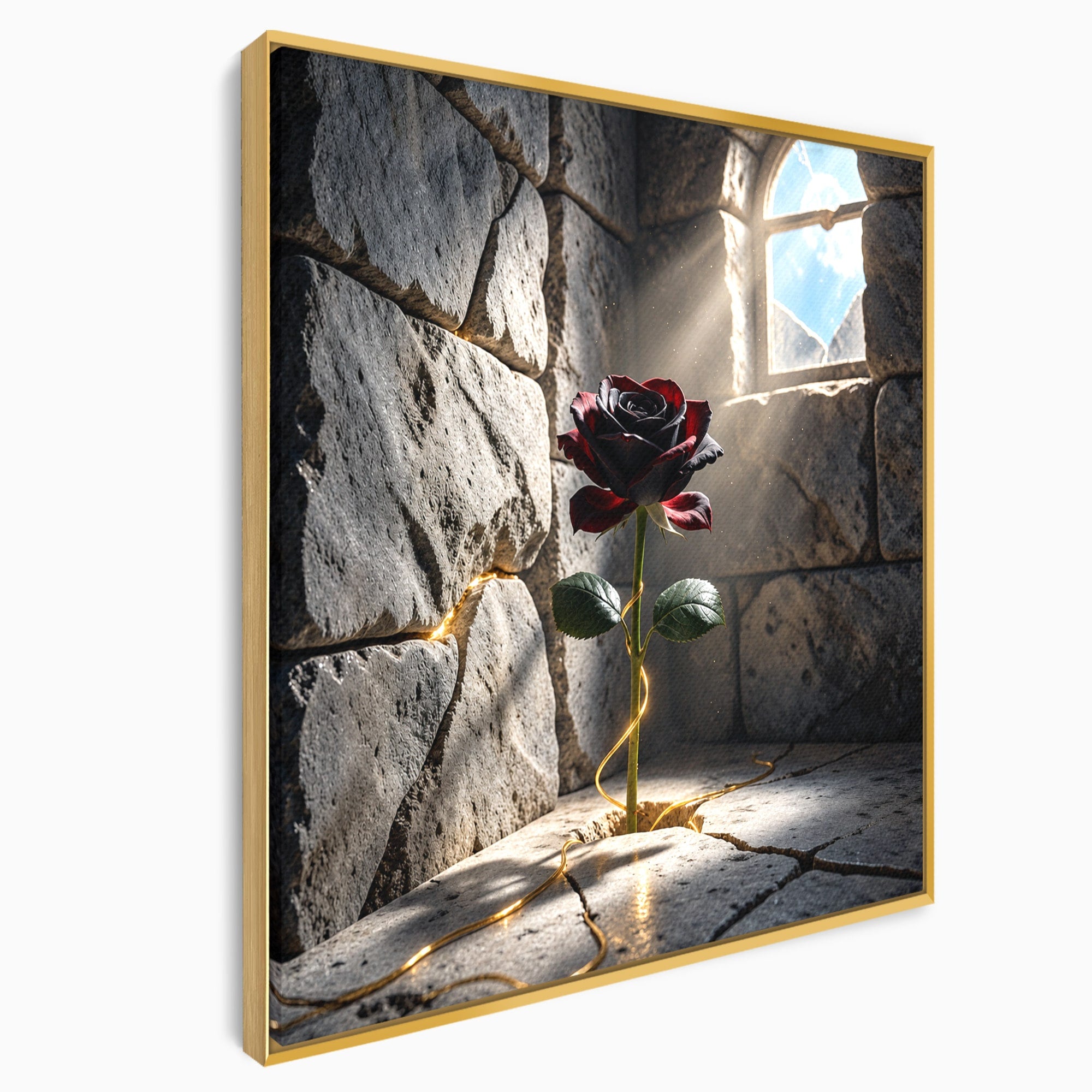 Tablou Canvas Premium LuxCanva® U1139, Trandafirul Magic, Fereastra, Lumina, Piatra, Trandafir, Dormitor, Culori Vibrante