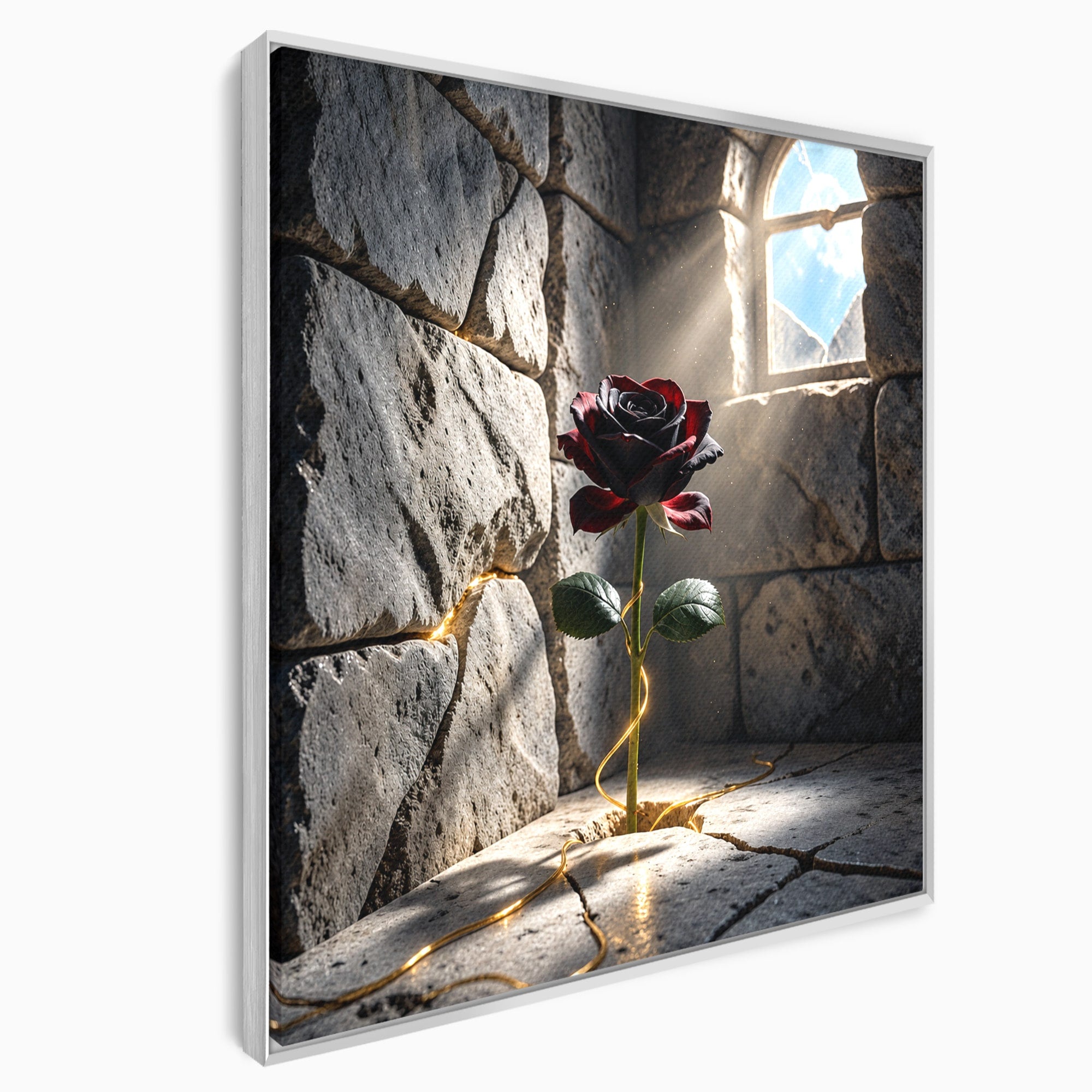 Tablou Canvas Premium LuxCanva® U1139, Trandafirul Magic, Fereastra, Lumina, Piatra, Trandafir, Dormitor, Culori Vibrante