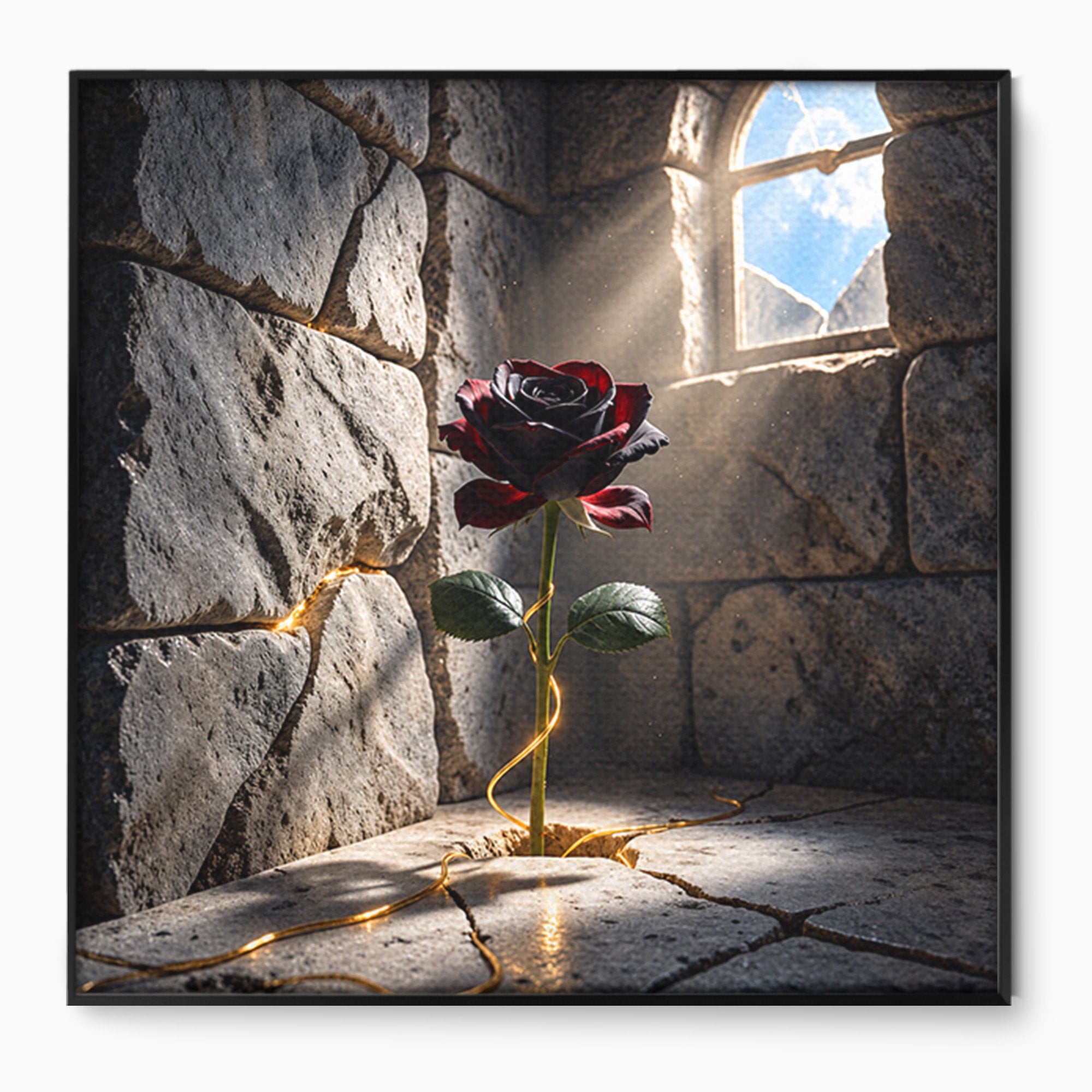 Tablou Canvas Premium LuxCanva® U1139, Trandafirul Magic, Fereastra, Lumina, Piatra, Trandafir, Dormitor, Culori Vibrante
