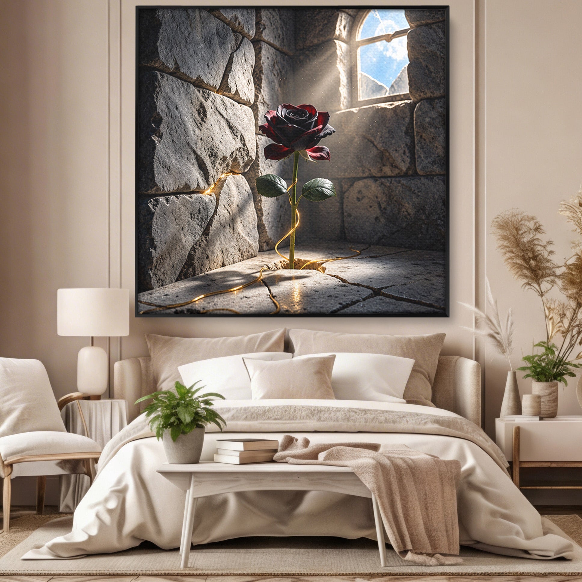Tablou Canvas Premium LuxCanva® U1139, Trandafirul Magic, Fereastra, Lumina, Piatra, Trandafir, Dormitor, Culori Vibrante