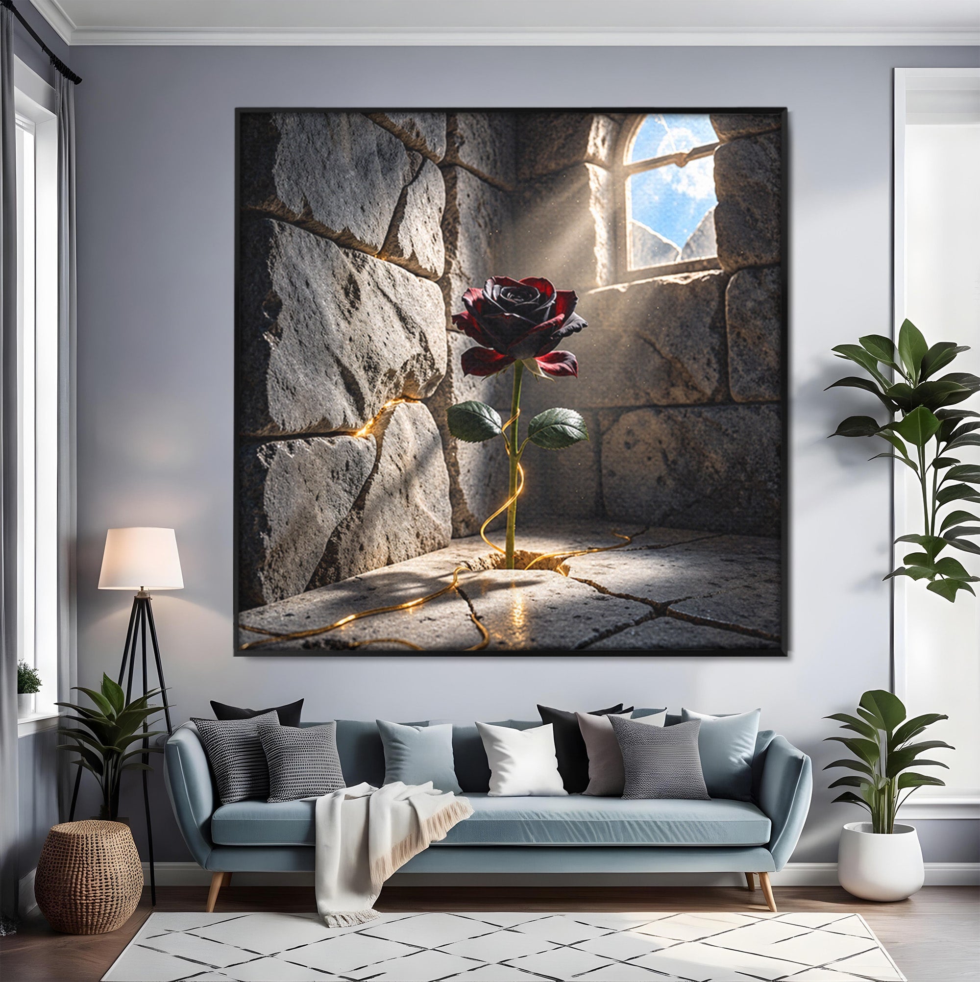 Tablou Canvas Premium LuxCanva® U1139, Trandafirul Magic, Fereastra, Lumina, Piatra, Trandafir, Dormitor, Culori Vibrante