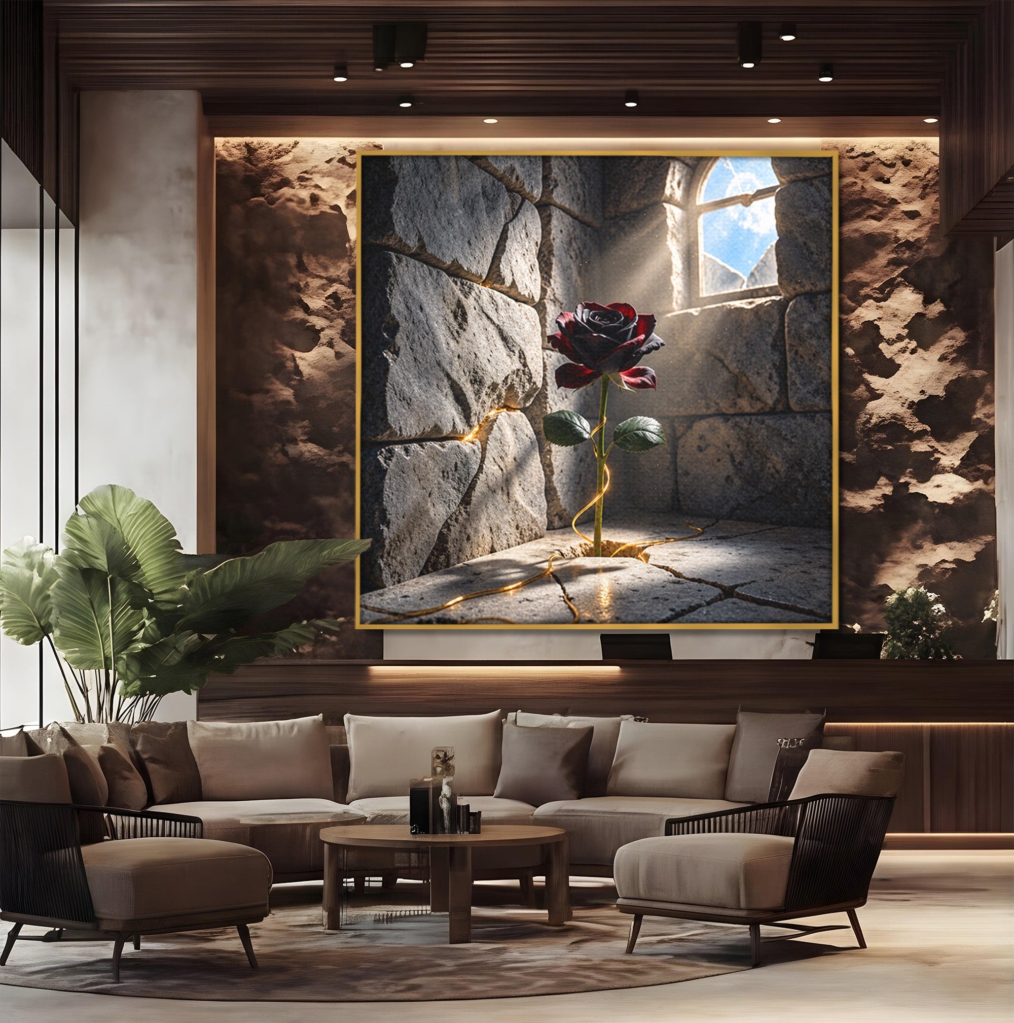 Tablou Canvas Premium LuxCanva® U1139, Trandafirul Magic, Fereastra, Lumina, Piatra, Trandafir, Dormitor, Culori Vibrante