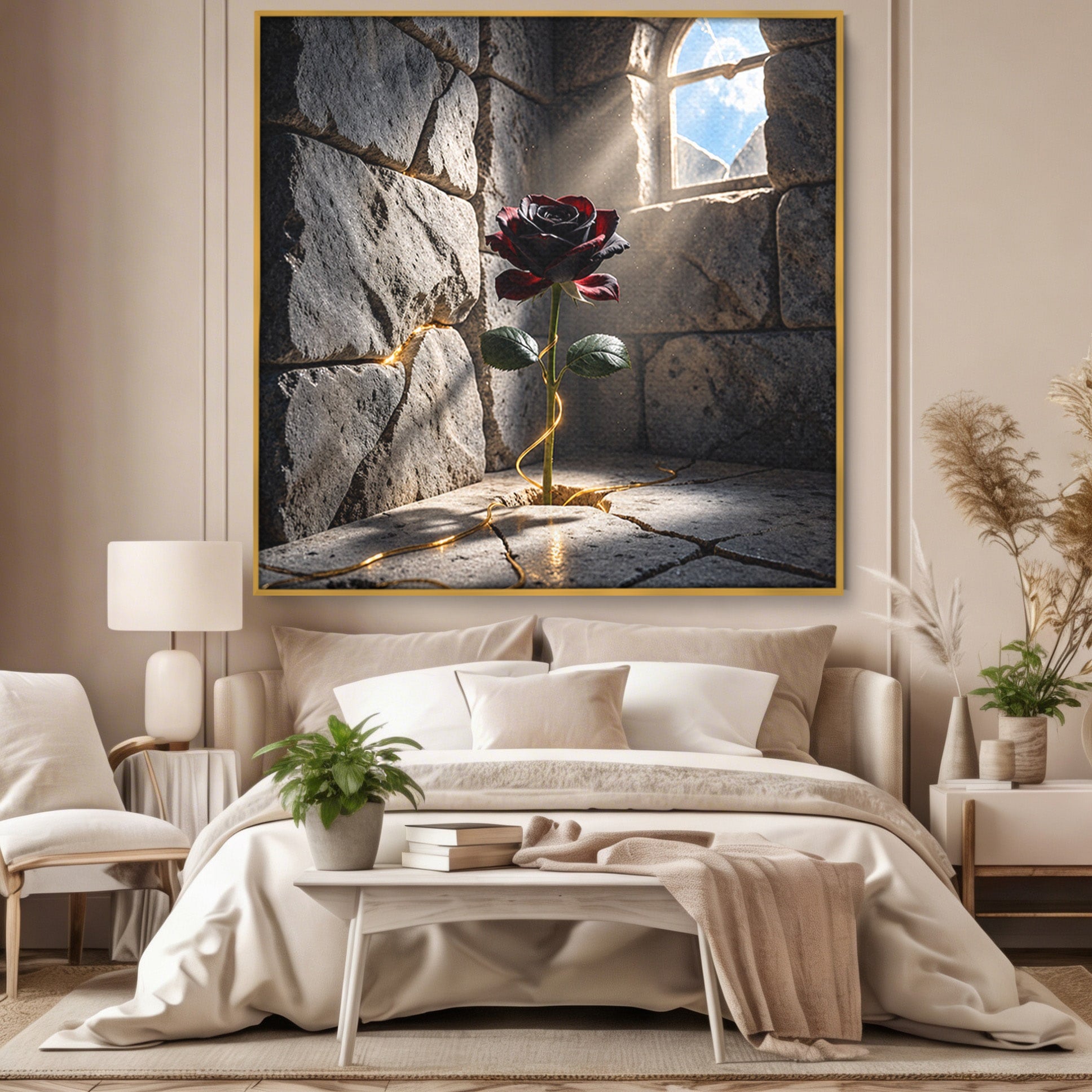 Tablou Canvas Premium LuxCanva® U1139, Trandafirul Magic, Fereastra, Lumina, Piatra, Trandafir, Dormitor, Culori Vibrante