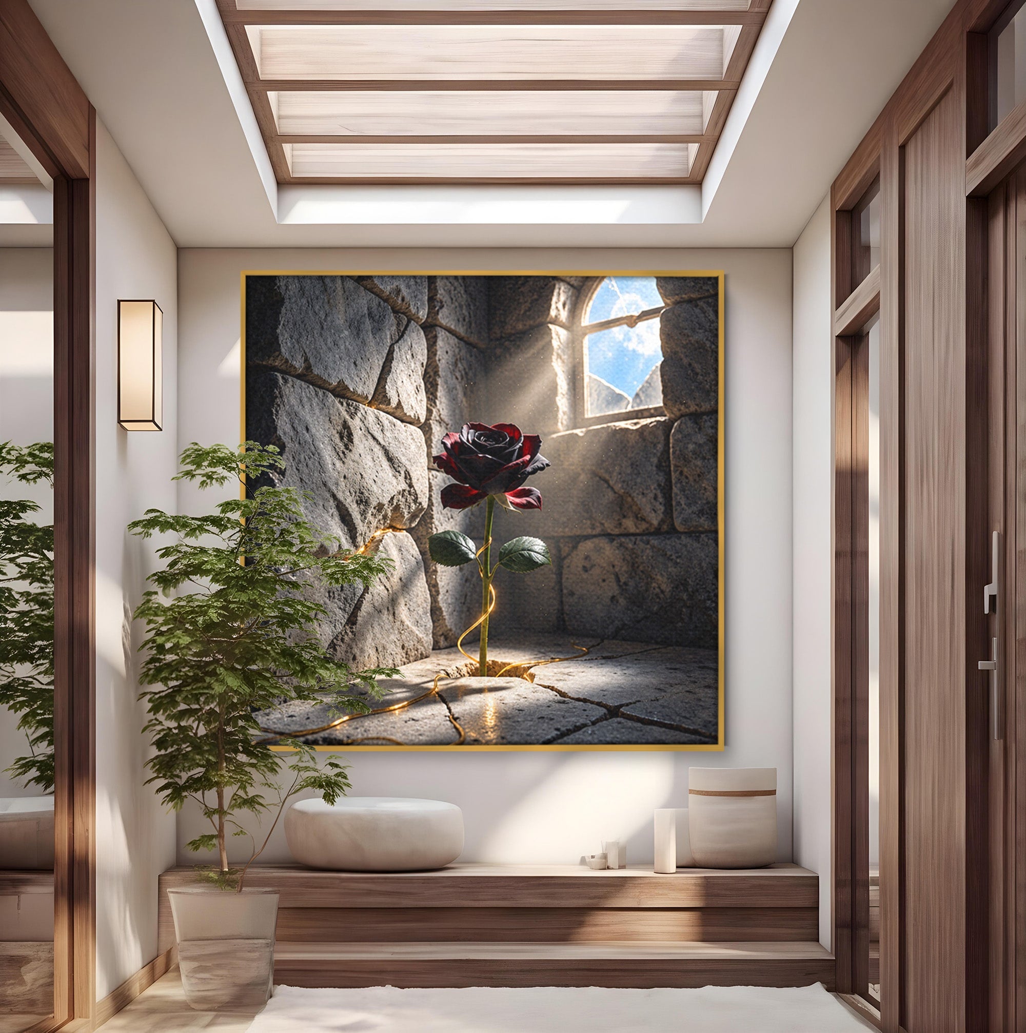 Tablou Canvas Premium LuxCanva® U1139, Trandafirul Magic, Fereastra, Lumina, Piatra, Trandafir, Dormitor, Culori Vibrante