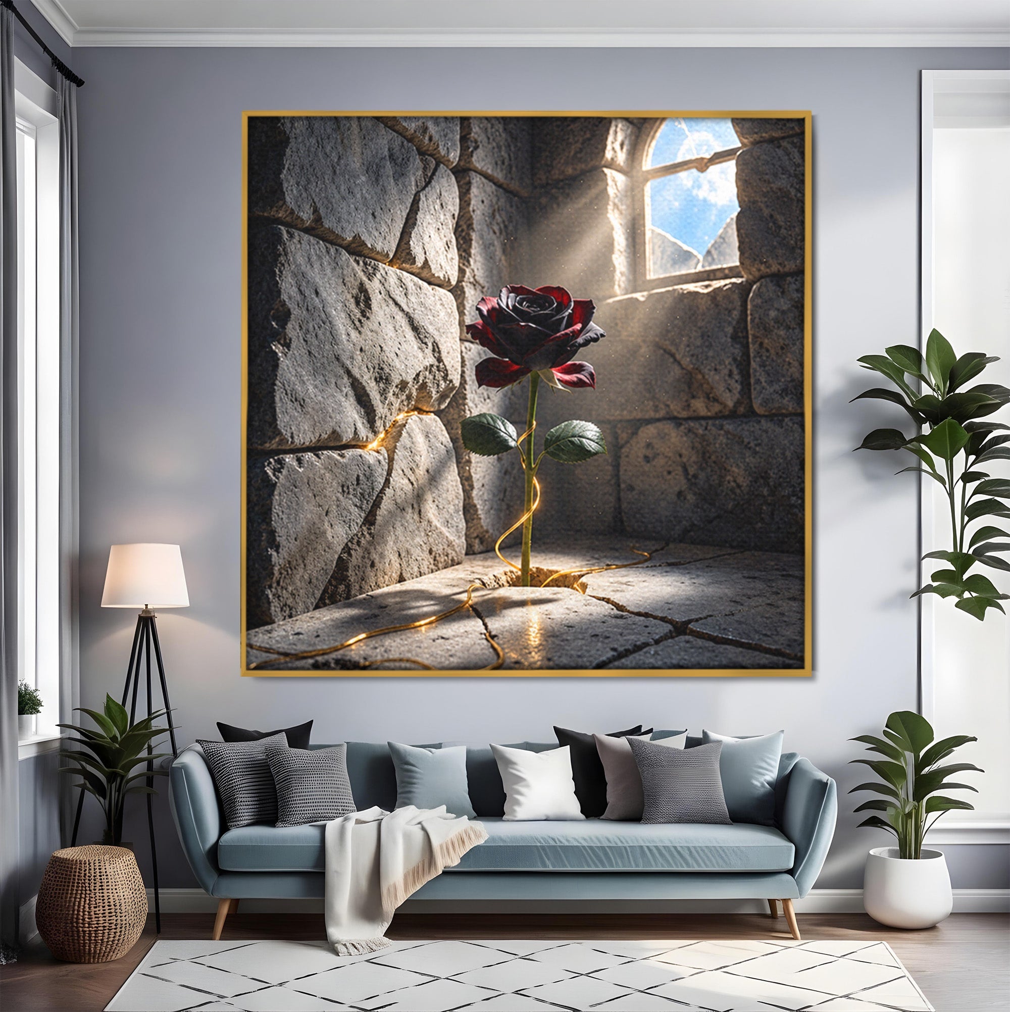Tablou Canvas Premium LuxCanva® U1139, Trandafirul Magic, Fereastra, Lumina, Piatra, Trandafir, Dormitor, Culori Vibrante