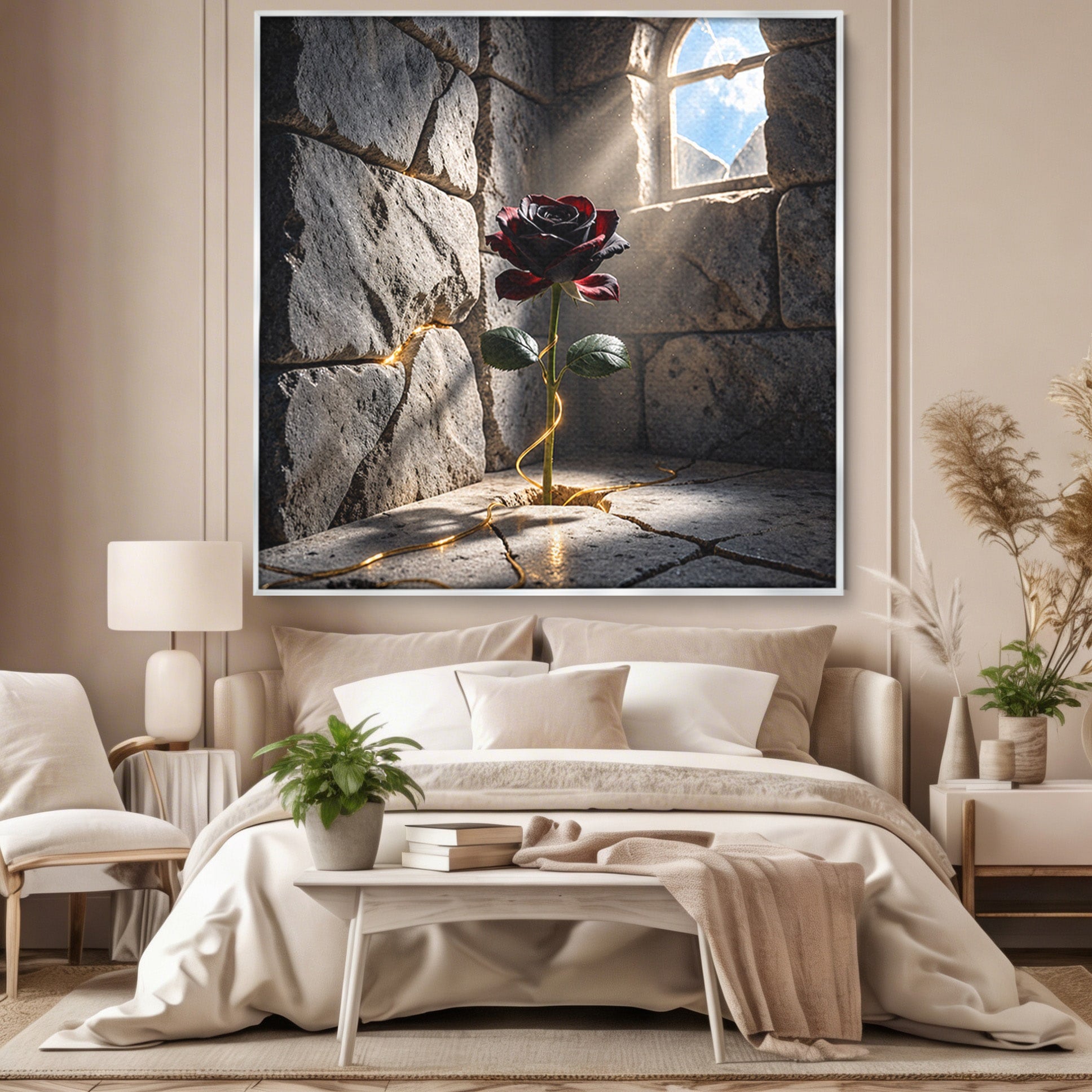 Tablou Canvas Premium LuxCanva® U1139, Trandafirul Magic, Fereastra, Lumina, Piatra, Trandafir, Dormitor, Culori Vibrante