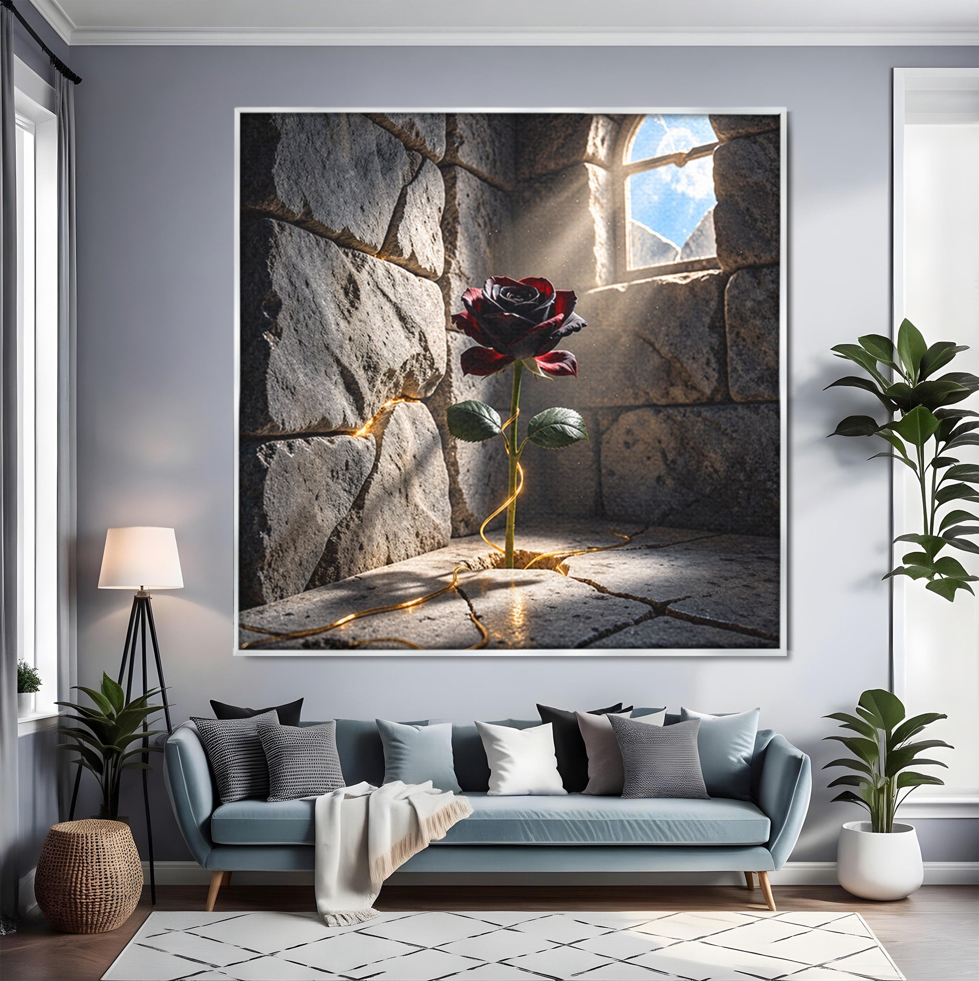 Tablou Canvas Premium LuxCanva® U1139, Trandafirul Magic, Fereastra, Lumina, Piatra, Trandafir, Dormitor, Culori Vibrante