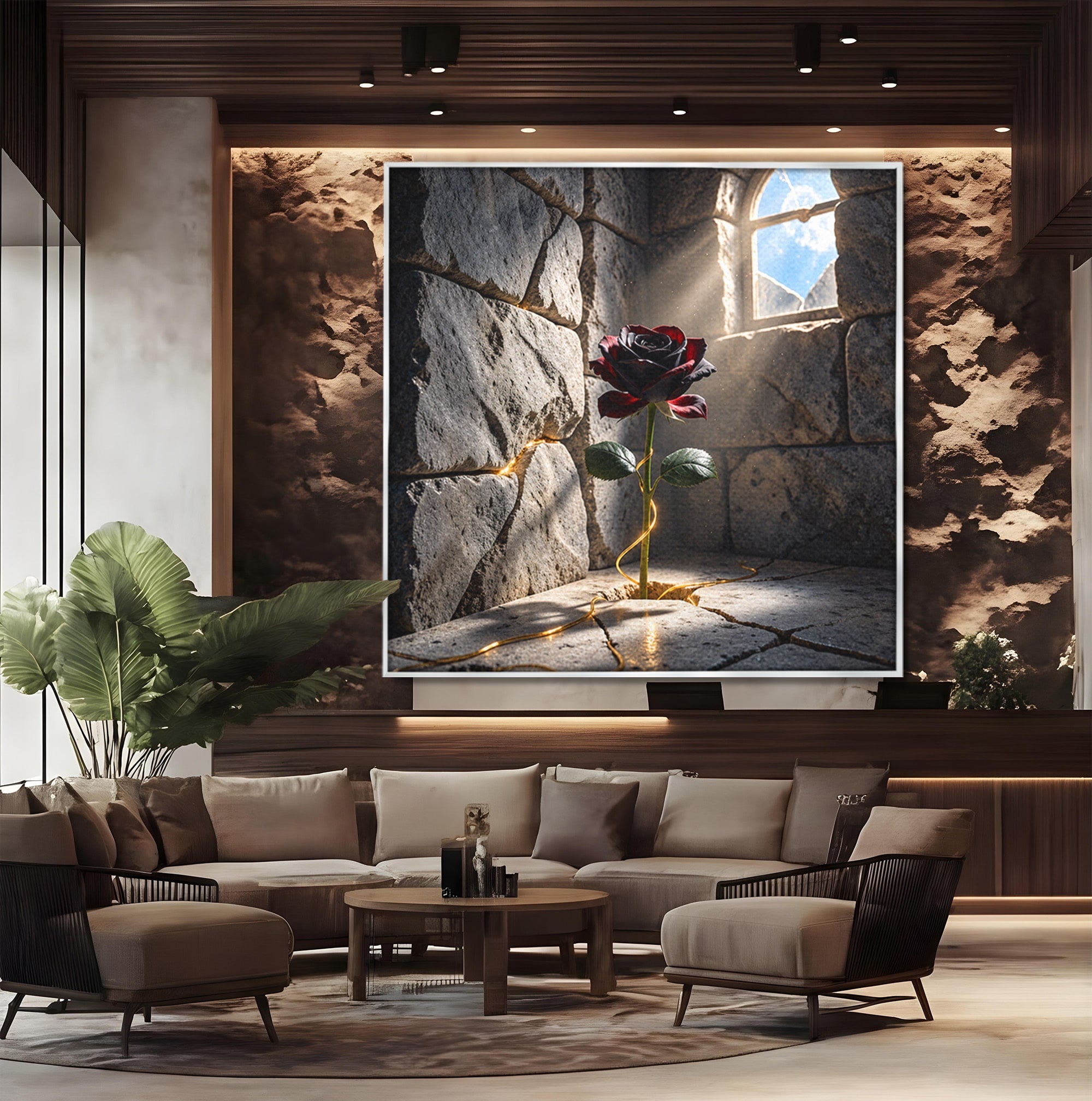 Tablou Canvas Premium LuxCanva® U1139, Trandafirul Magic, Fereastra, Lumina, Piatra, Trandafir, Dormitor, Culori Vibrante