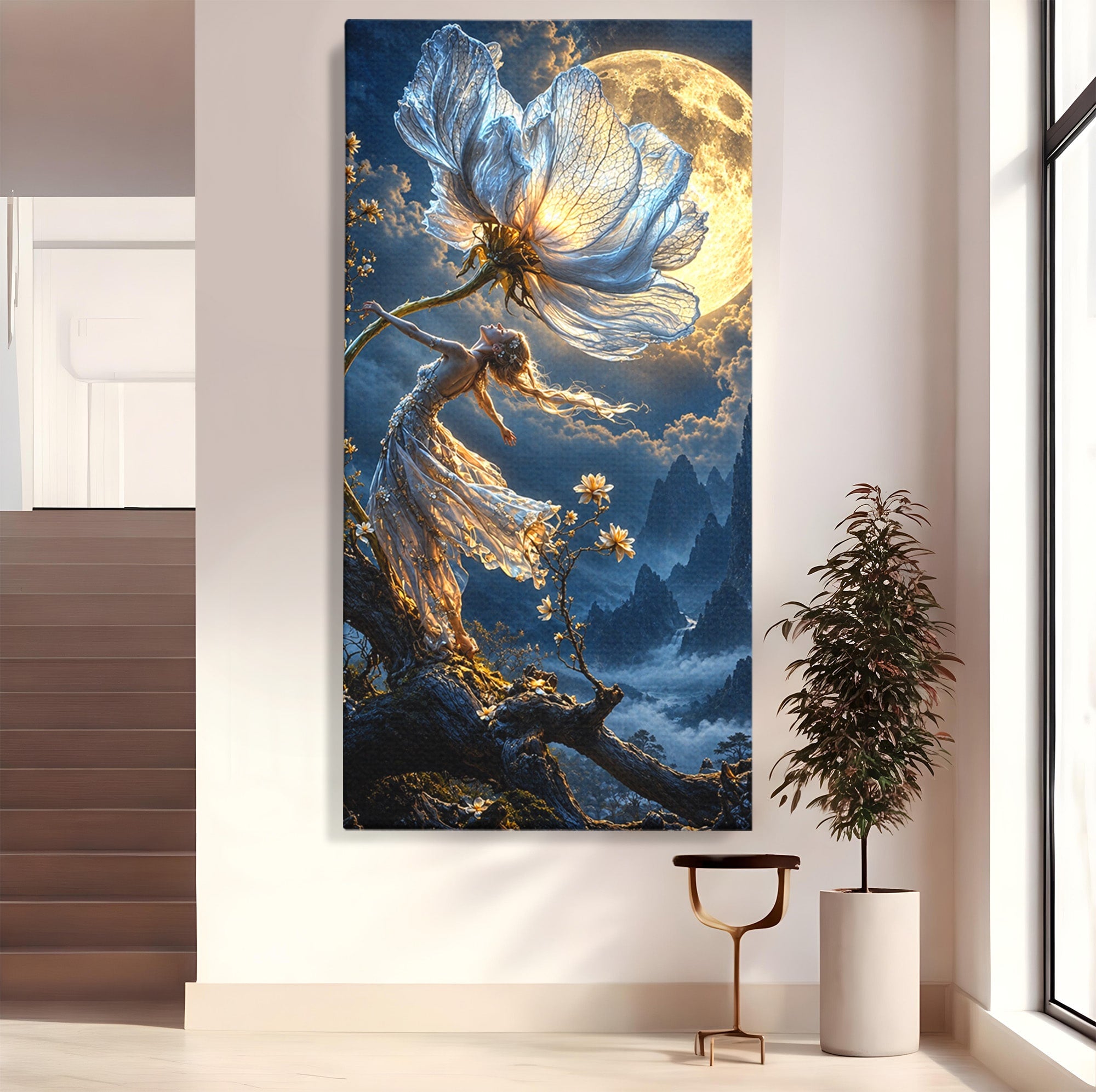 Tablou Canvas Premium LuxCanva® U1143, Dansul Lunii, Floare, Fantezie, Peisaj, Noapte, Living, Culori Vibrante