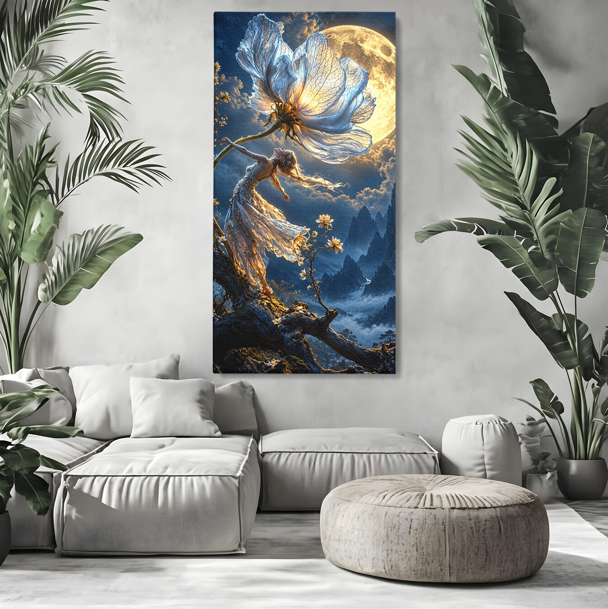 Tablou Canvas Premium LuxCanva® U1143, Dansul Lunii, Floare, Fantezie, Peisaj, Noapte, Living, Culori Vibrante