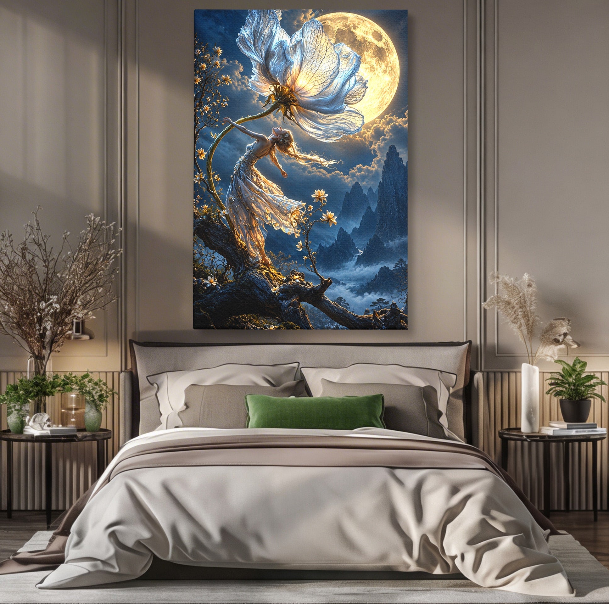 Tablou Canvas Premium LuxCanva® U1143, Dansul Lunii, Floare, Fantezie, Peisaj, Noapte, Living, Culori Vibrante