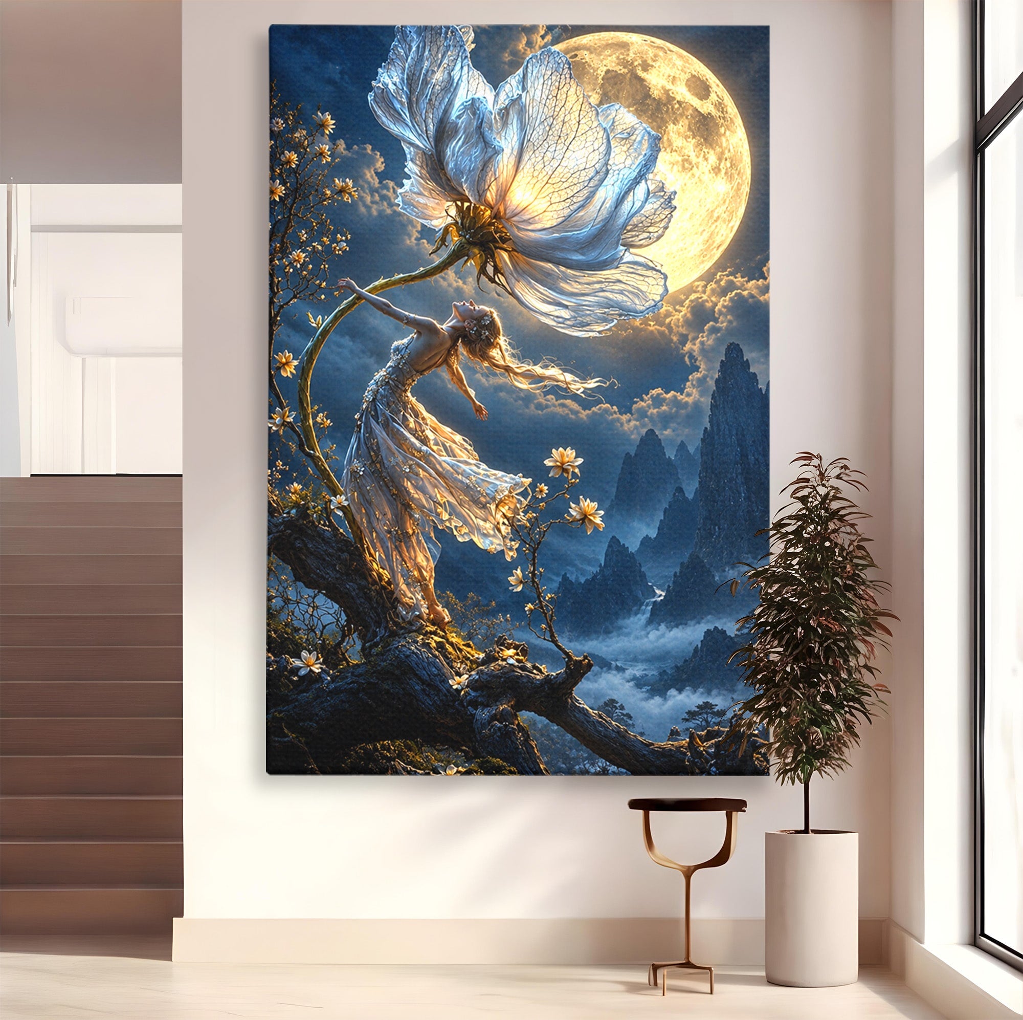 Tablou Canvas Premium LuxCanva® U1143, Dansul Lunii, Floare, Fantezie, Peisaj, Noapte, Living, Culori Vibrante