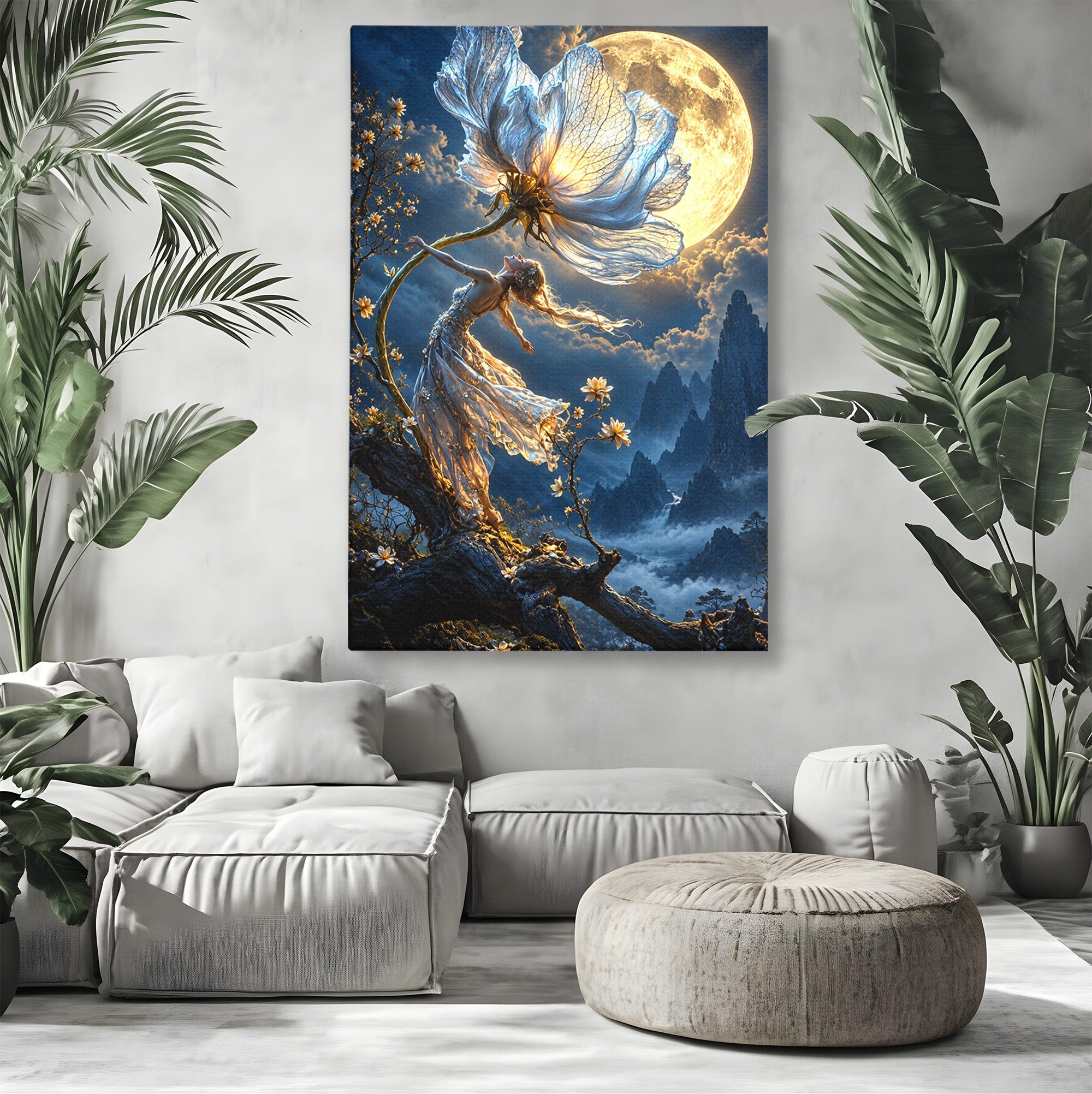 Tablou Canvas Premium LuxCanva® U1143, Dansul Lunii, Floare, Fantezie, Peisaj, Noapte, Living, Culori Vibrante