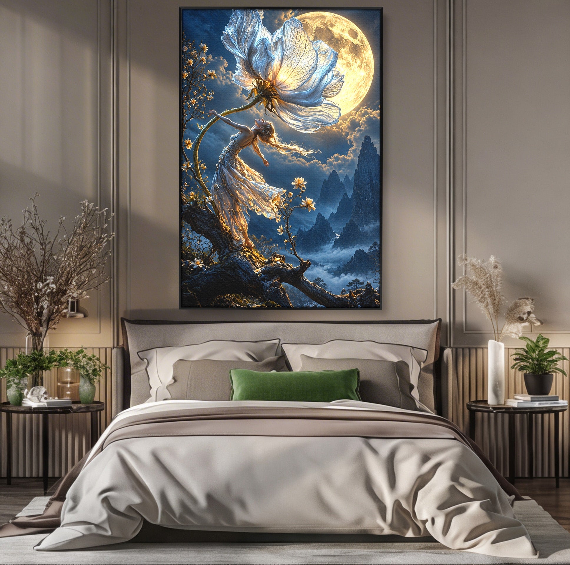 Tablou Canvas Premium LuxCanva® U1143, Dansul Lunii, Floare, Fantezie, Peisaj, Noapte, Living, Culori Vibrante