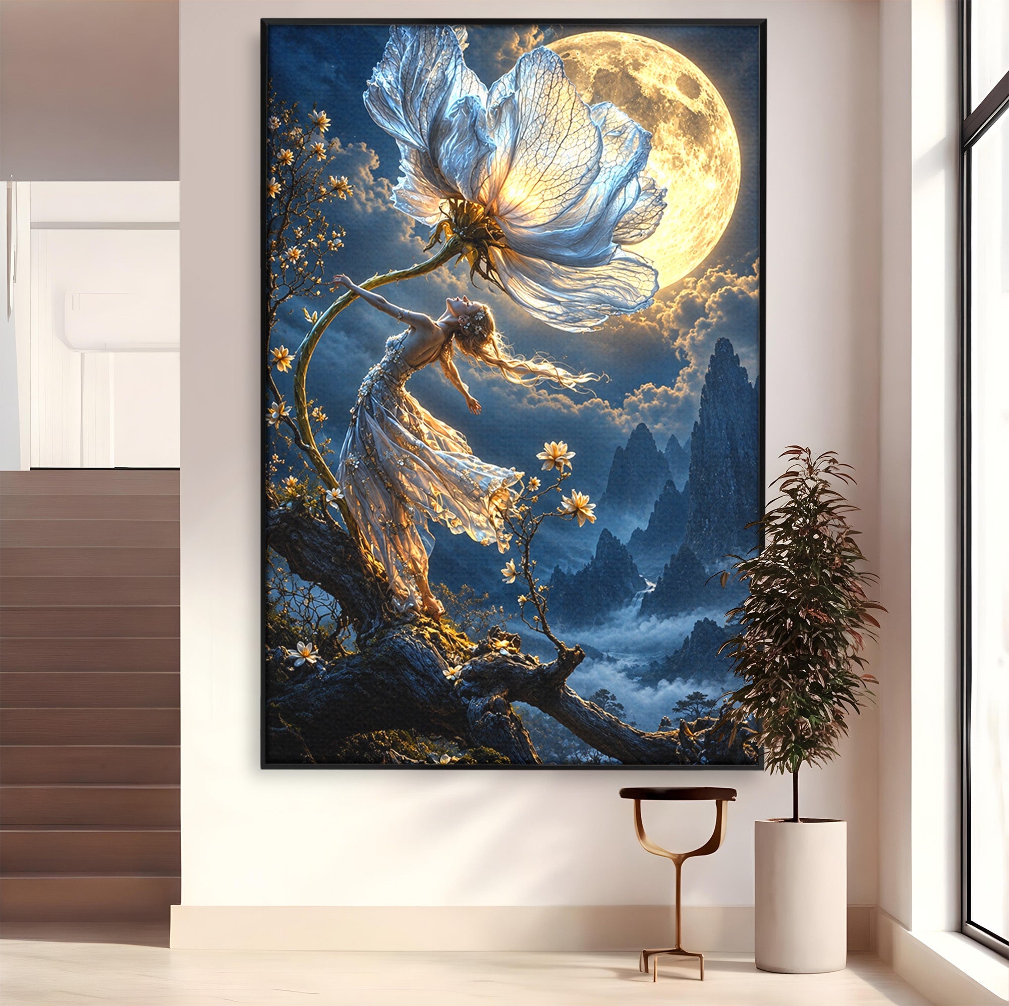 Tablou Canvas Premium LuxCanva® U1143, Dansul Lunii, Floare, Fantezie, Peisaj, Noapte, Living, Culori Vibrante