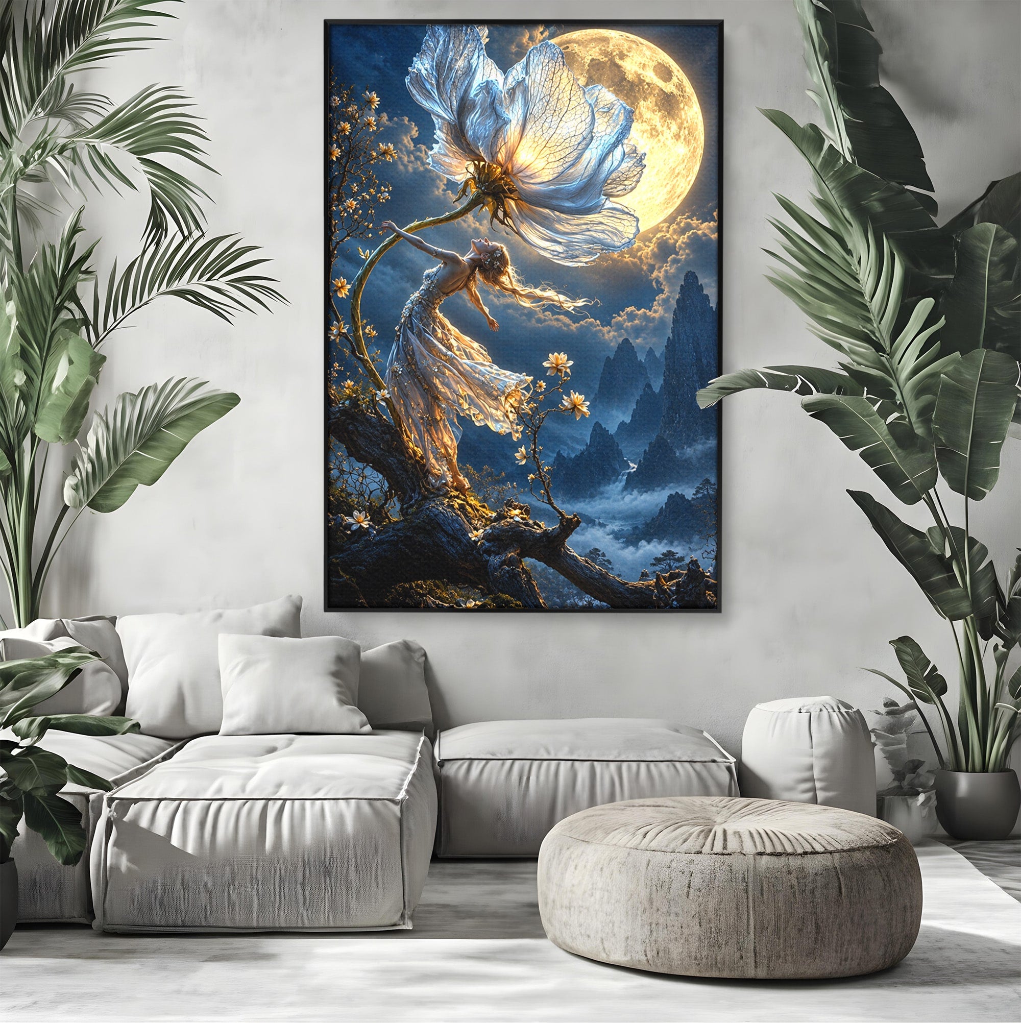 Tablou Canvas Premium LuxCanva® U1143, Dansul Lunii, Floare, Fantezie, Peisaj, Noapte, Living, Culori Vibrante