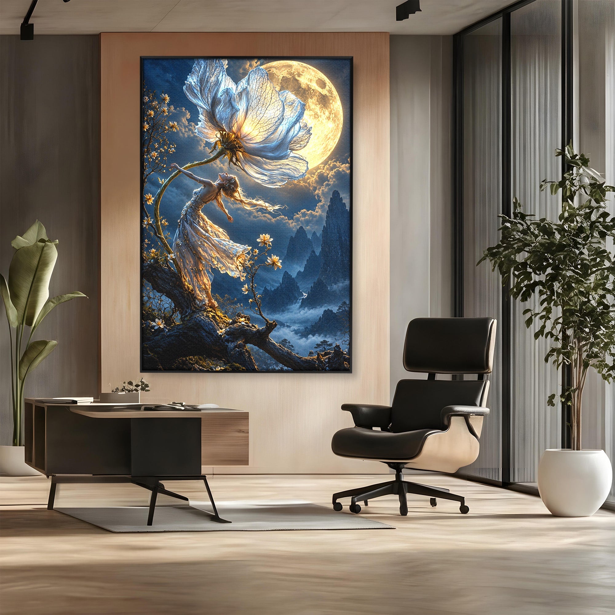 Tablou Canvas Premium LuxCanva® U1143, Dansul Lunii, Floare, Fantezie, Peisaj, Noapte, Living, Culori Vibrante