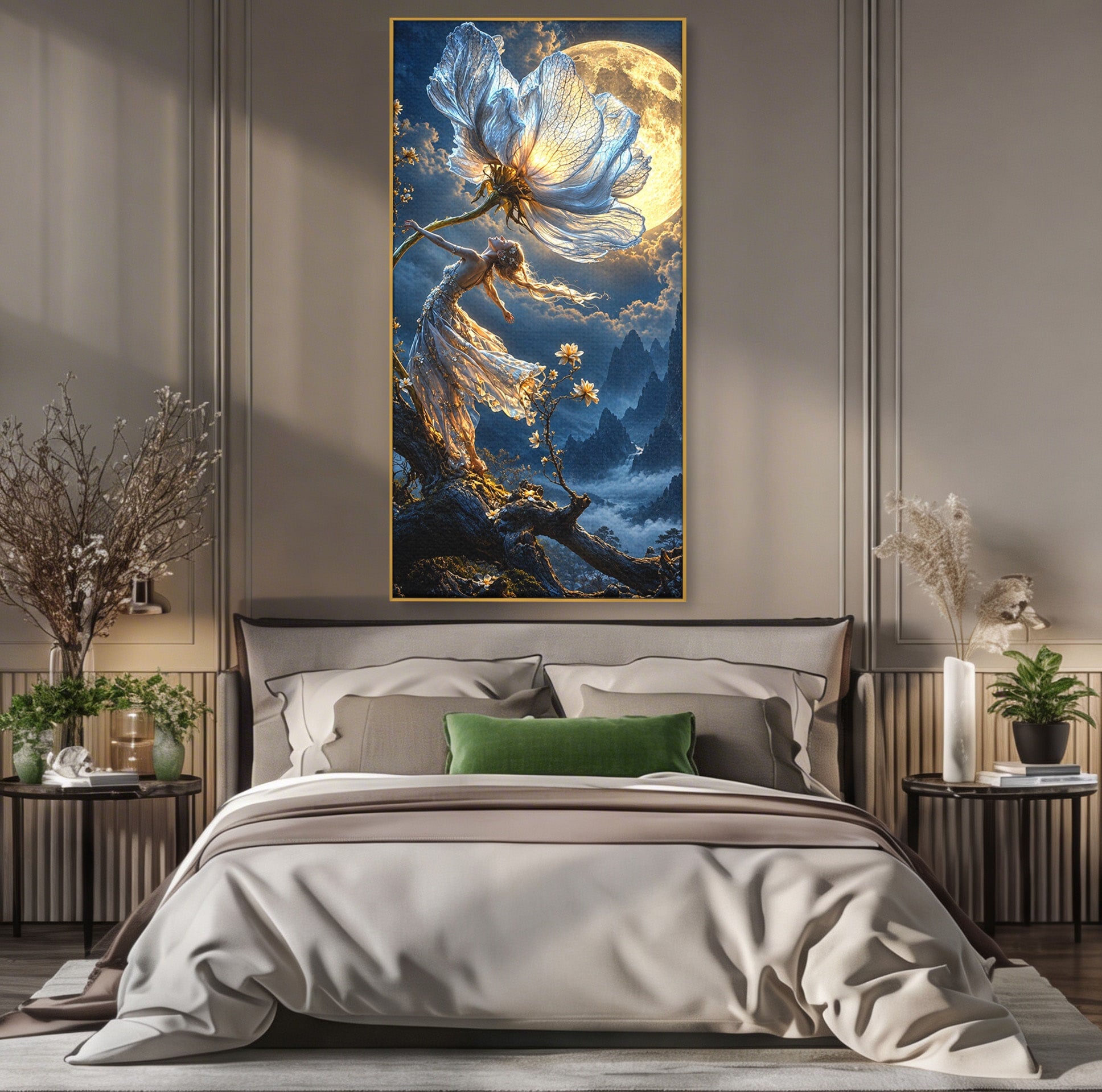 Tablou Canvas Premium LuxCanva® U1143, Dansul Lunii, Floare, Fantezie, Peisaj, Noapte, Living, Culori Vibrante