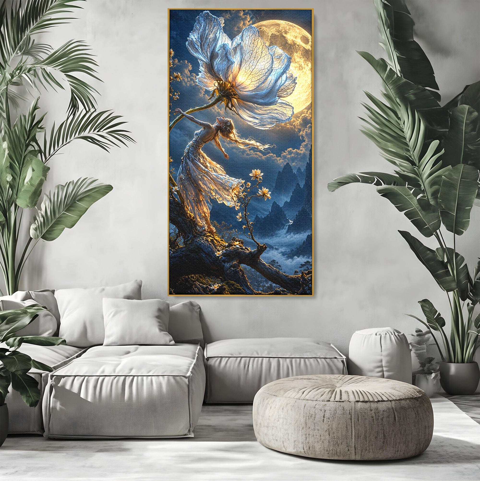 Tablou Canvas Premium LuxCanva® U1143, Dansul Lunii, Floare, Fantezie, Peisaj, Noapte, Living, Culori Vibrante