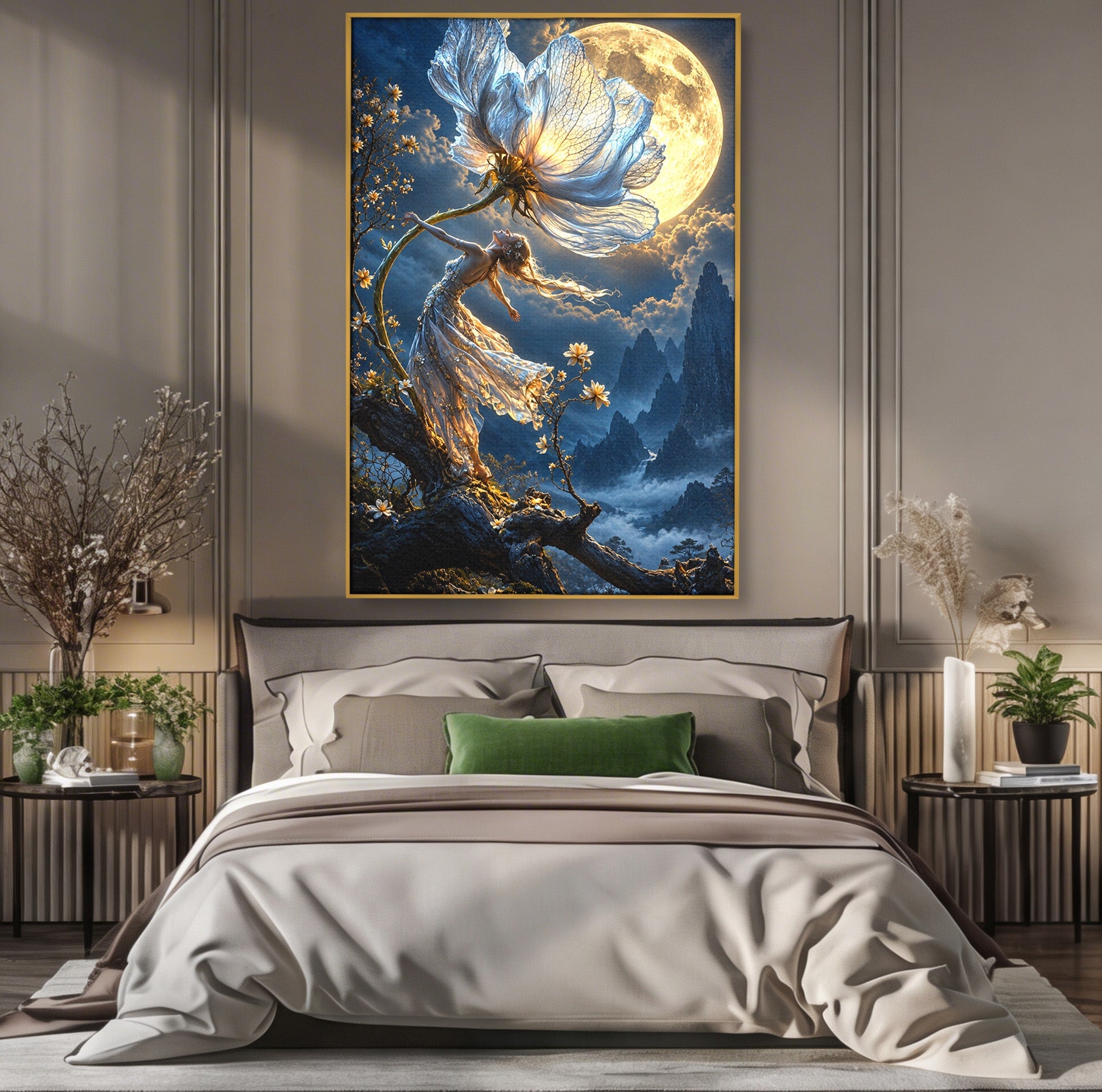Tablou Canvas Premium LuxCanva® U1143, Dansul Lunii, Floare, Fantezie, Peisaj, Noapte, Living, Culori Vibrante