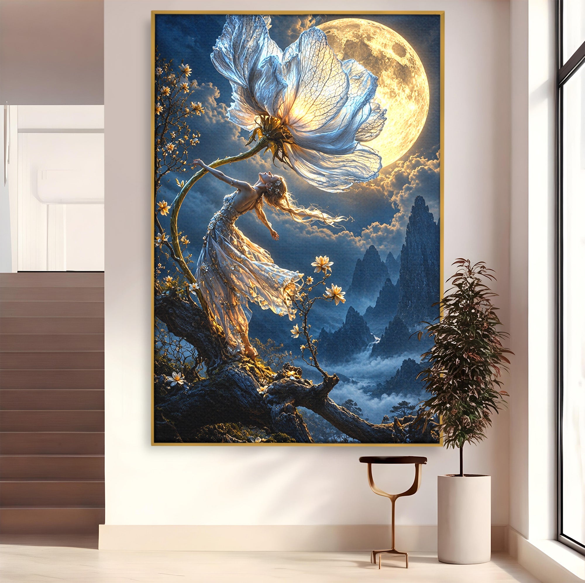 Tablou Canvas Premium LuxCanva® U1143, Dansul Lunii, Floare, Fantezie, Peisaj, Noapte, Living, Culori Vibrante