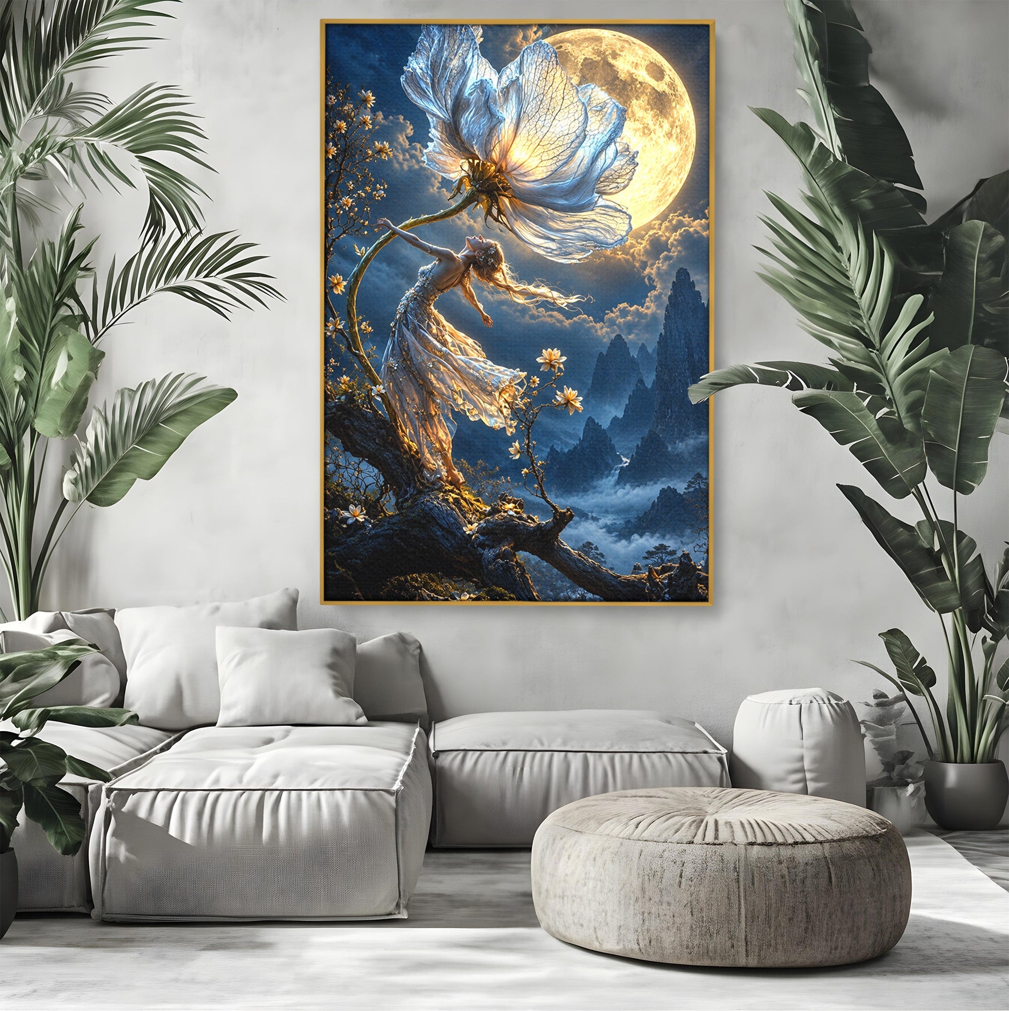 Tablou Canvas Premium LuxCanva® U1143, Dansul Lunii, Floare, Fantezie, Peisaj, Noapte, Living, Culori Vibrante