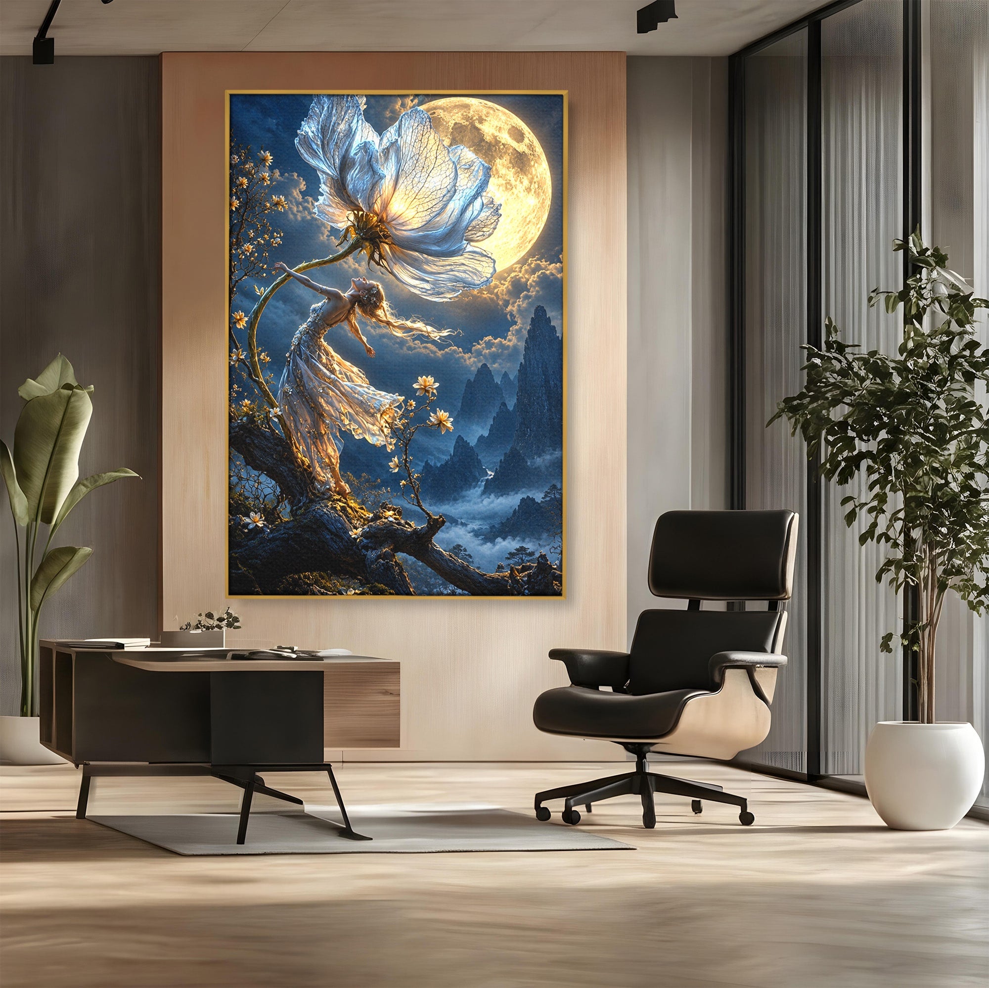 Tablou Canvas Premium LuxCanva® U1143, Dansul Lunii, Floare, Fantezie, Peisaj, Noapte, Living, Culori Vibrante
