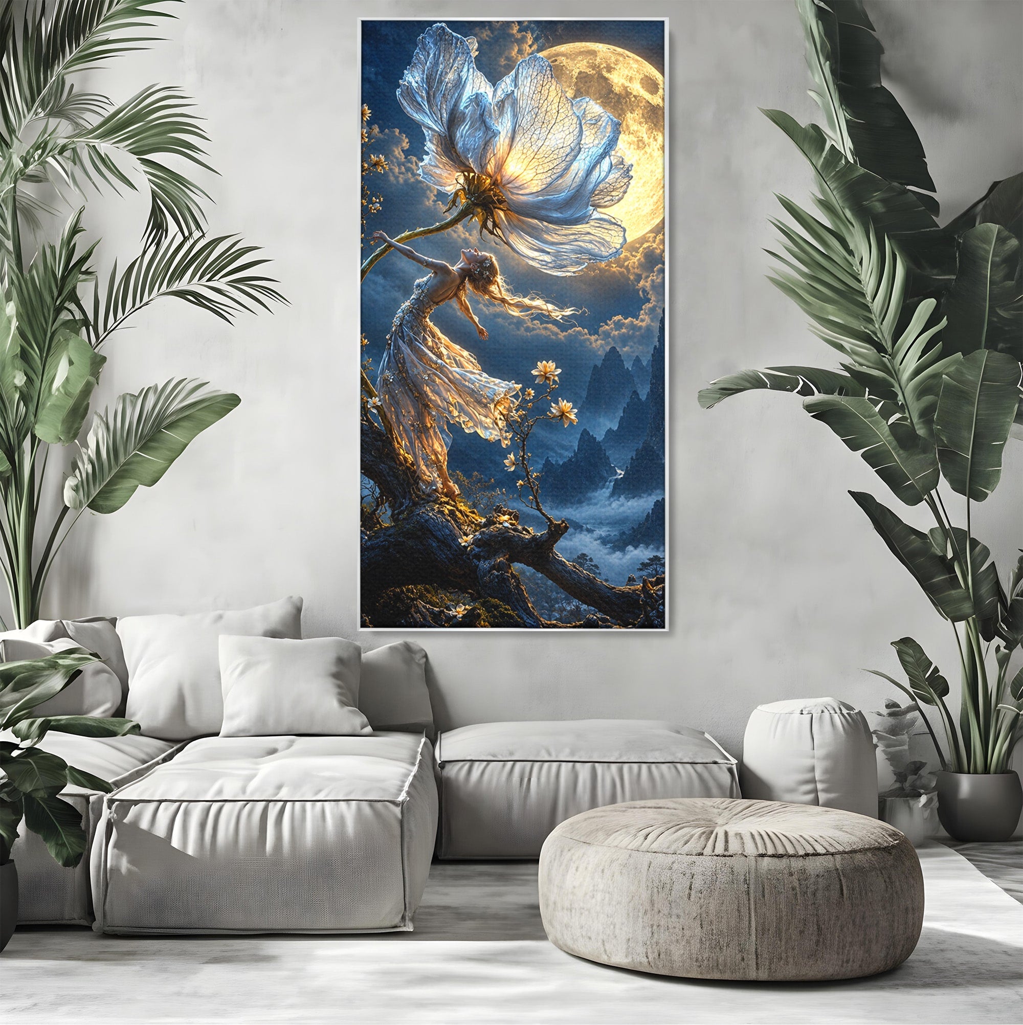 Tablou Canvas Premium LuxCanva® U1143, Dansul Lunii, Floare, Fantezie, Peisaj, Noapte, Living, Culori Vibrante