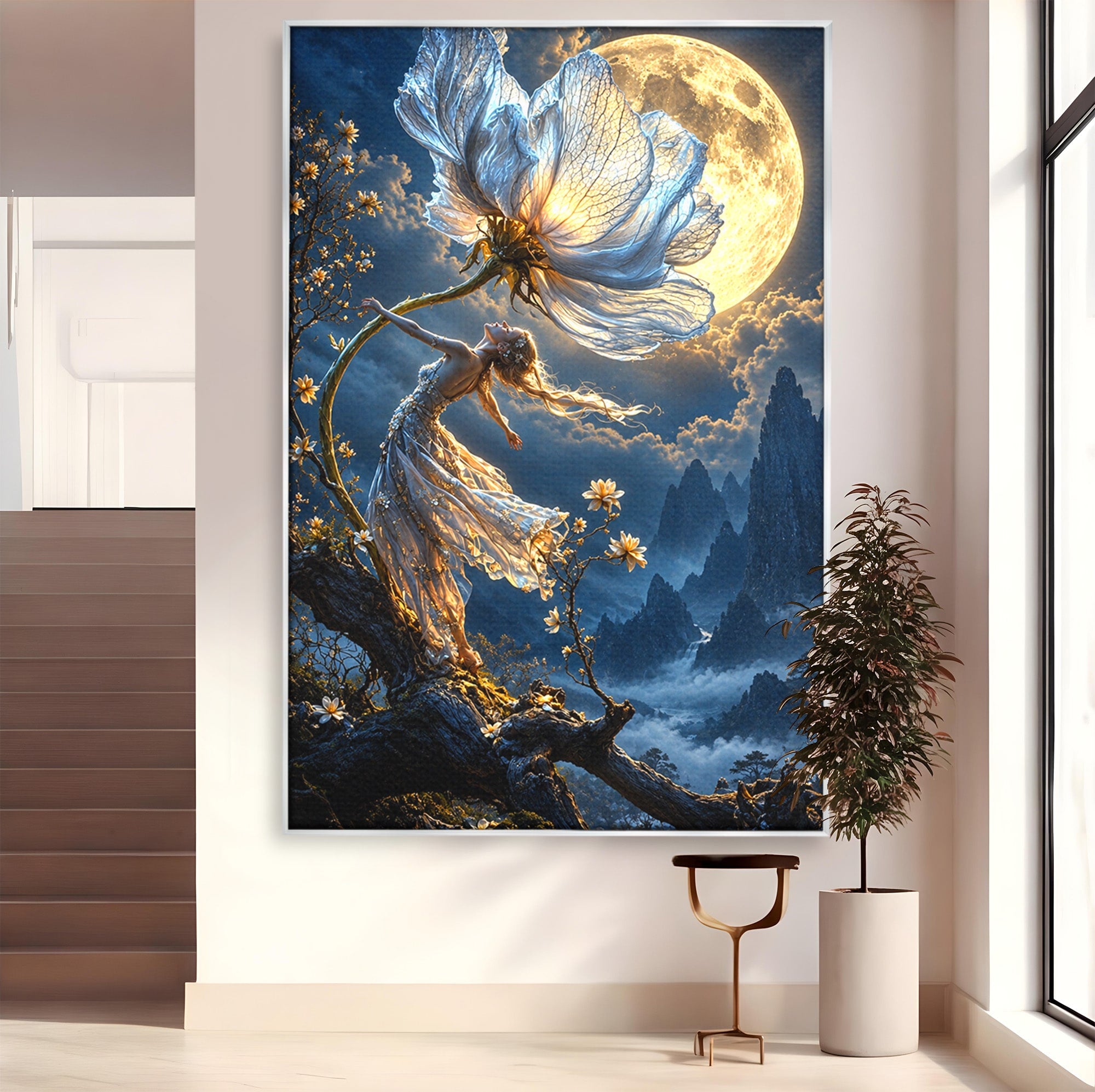 Tablou Canvas Premium LuxCanva® U1143, Dansul Lunii, Floare, Fantezie, Peisaj, Noapte, Living, Culori Vibrante