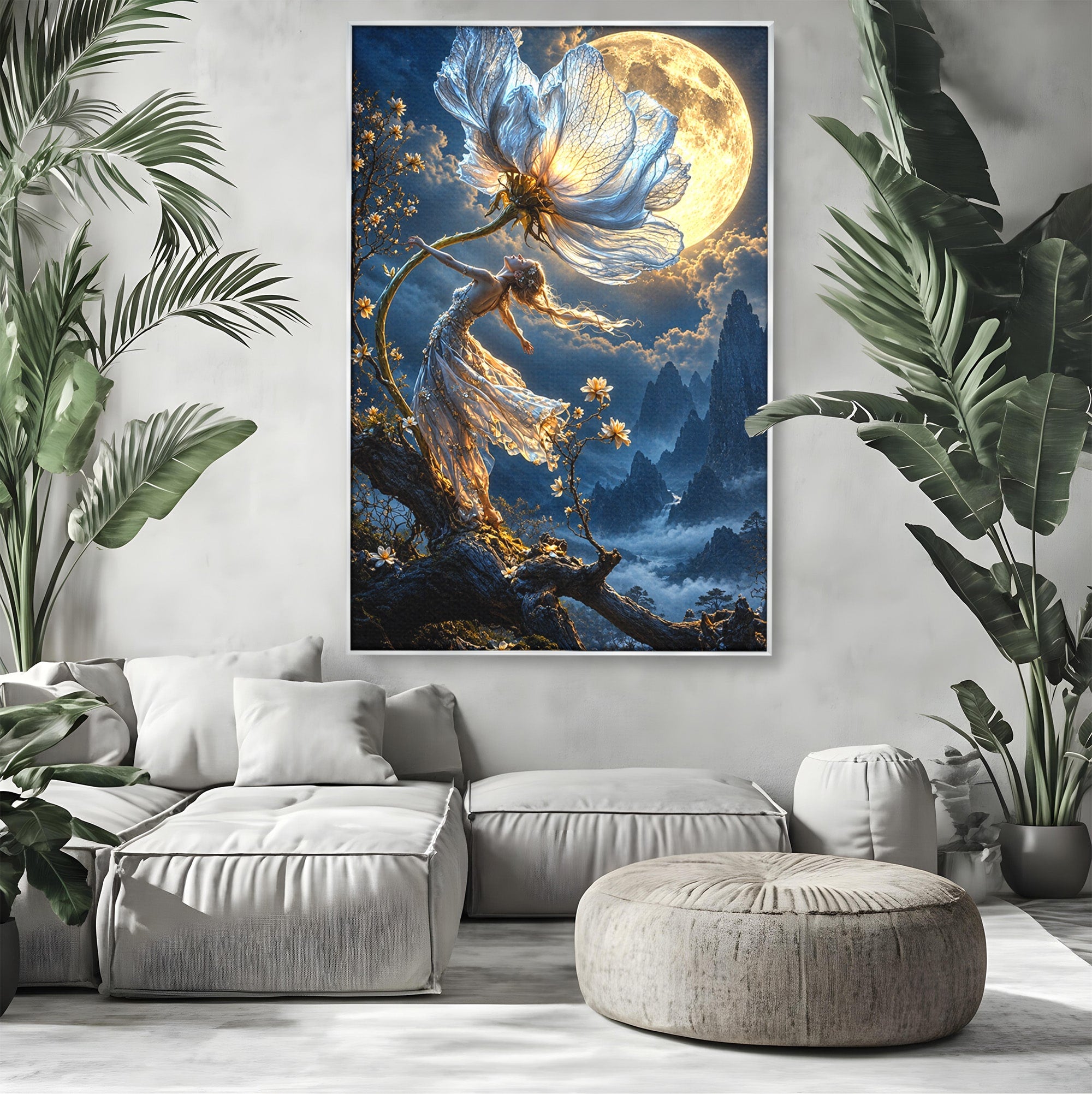 Tablou Canvas Premium LuxCanva® U1143, Dansul Lunii, Floare, Fantezie, Peisaj, Noapte, Living, Culori Vibrante