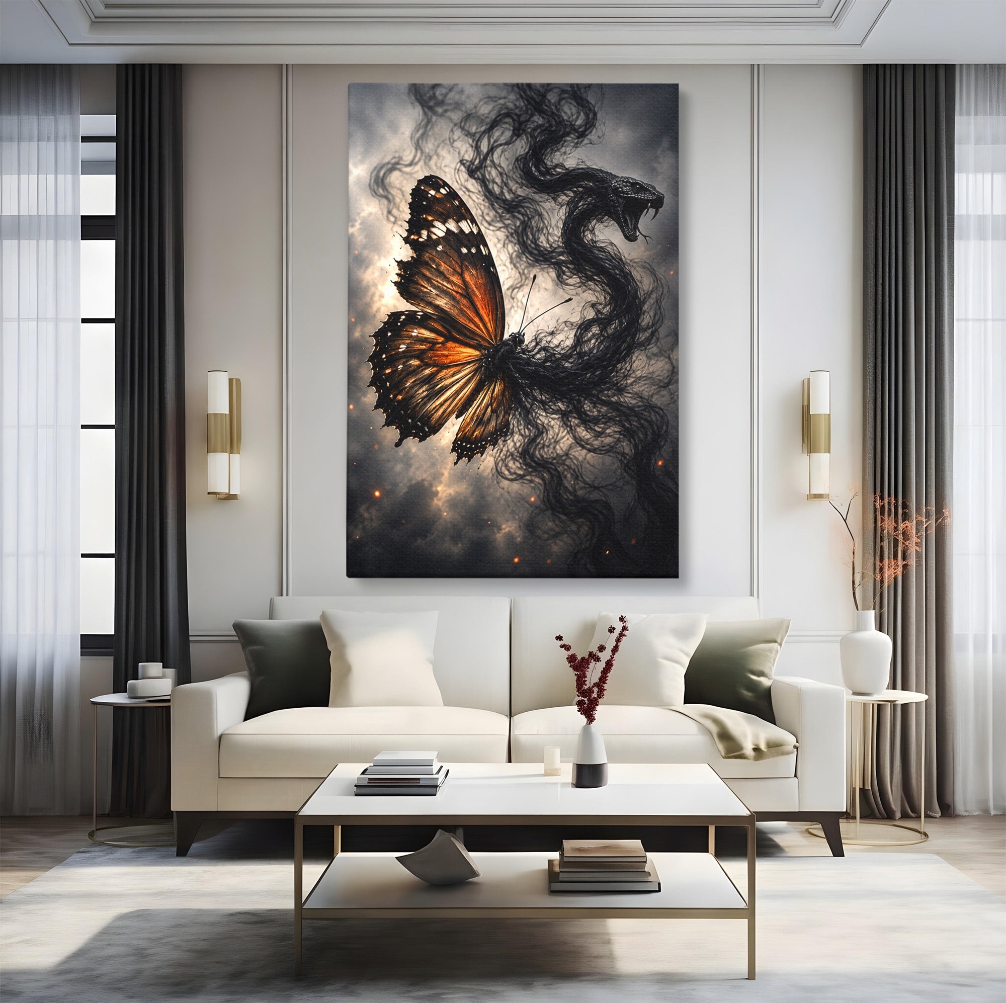 Tablou Canvas Premium LuxCanva® U1144, Metamorfoza Fluturelui, Sarpe, Transformare, Mister, Fluture, Living, Dormitor, Culori Vibrante