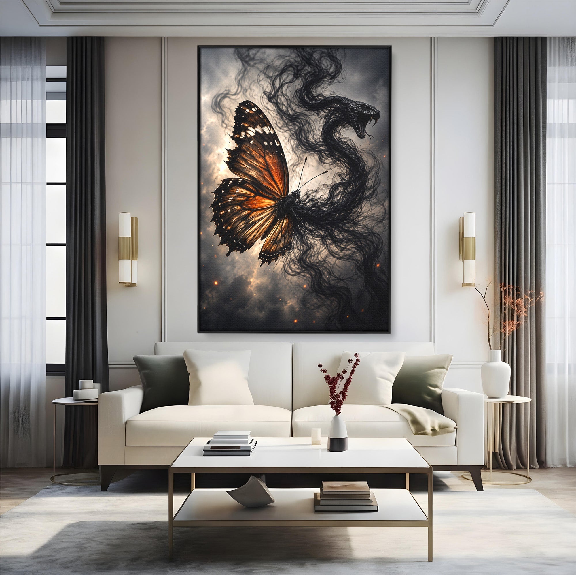 Tablou Canvas Premium LuxCanva® U1144, Metamorfoza Fluturelui, Sarpe, Transformare, Mister, Fluture, Living, Dormitor, Culori Vibrante