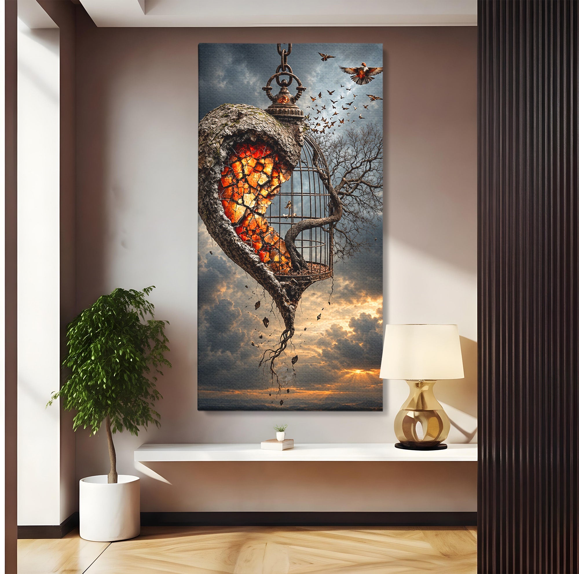 Tablou Canvas Premium LuxCanva® U1145, Inima Eliberata, Cusca, Copac, Apus, Inima, Dormitor, Culori Vibrante