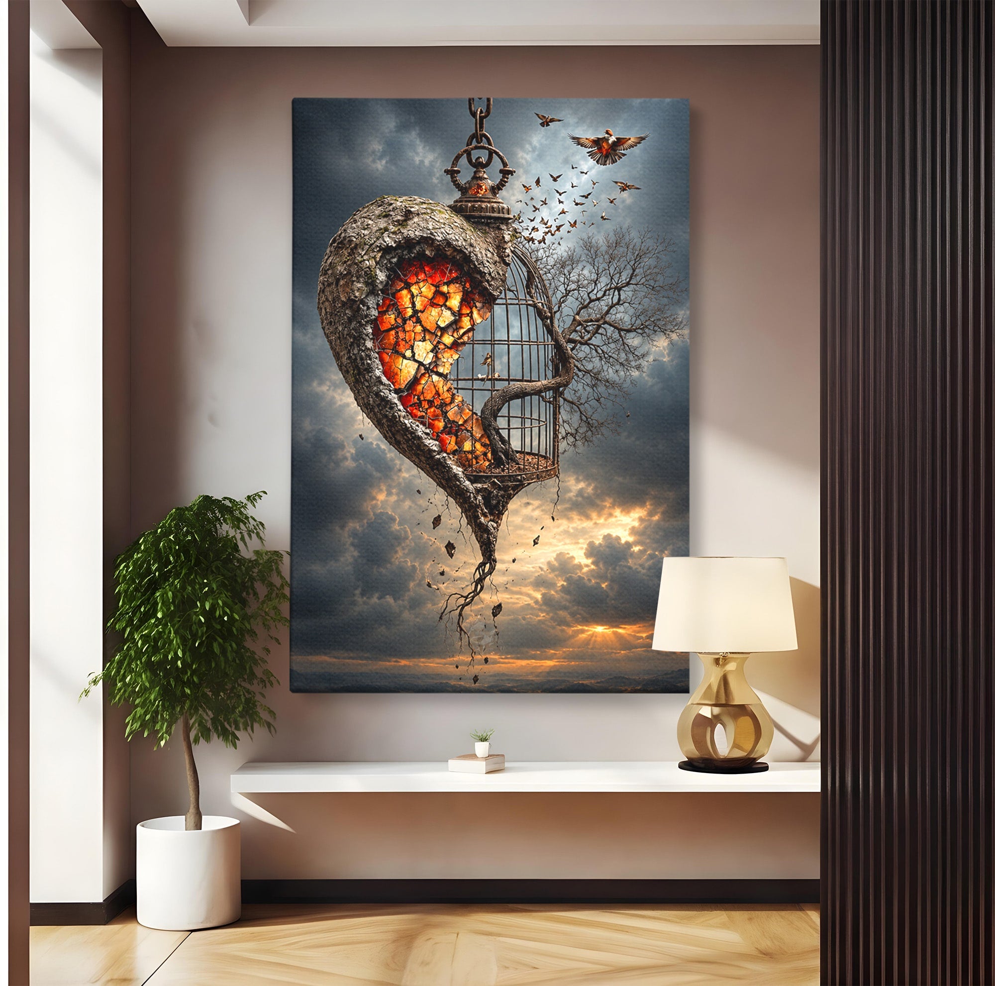 Tablou Canvas Premium LuxCanva® U1145, Inima Eliberata, Cusca, Copac, Apus, Inima, Dormitor, Culori Vibrante