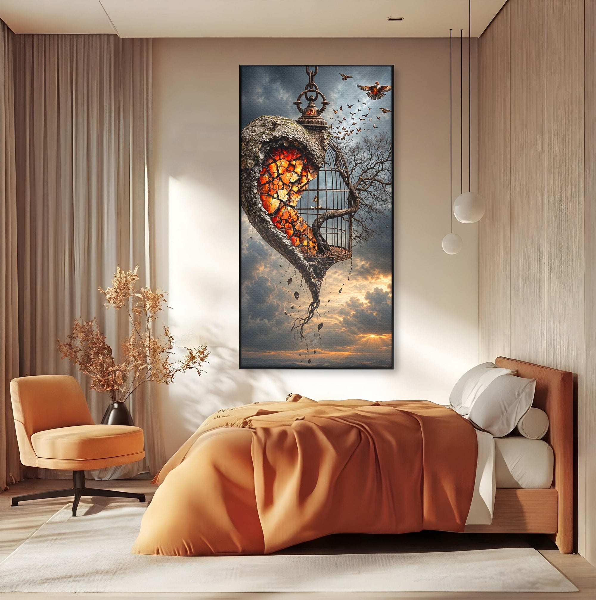 Tablou Canvas Premium LuxCanva® U1145, Inima Eliberata, Cusca, Copac, Apus, Inima, Dormitor, Culori Vibrante
