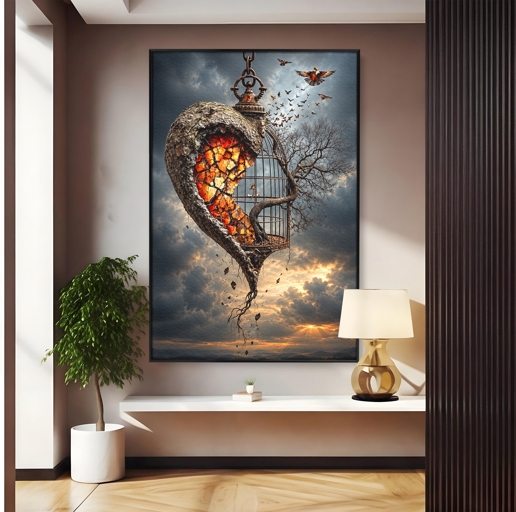 Tablou Canvas Premium LuxCanva® U1145, Inima Eliberata, Cusca, Copac, Apus, Inima, Dormitor, Culori Vibrante
