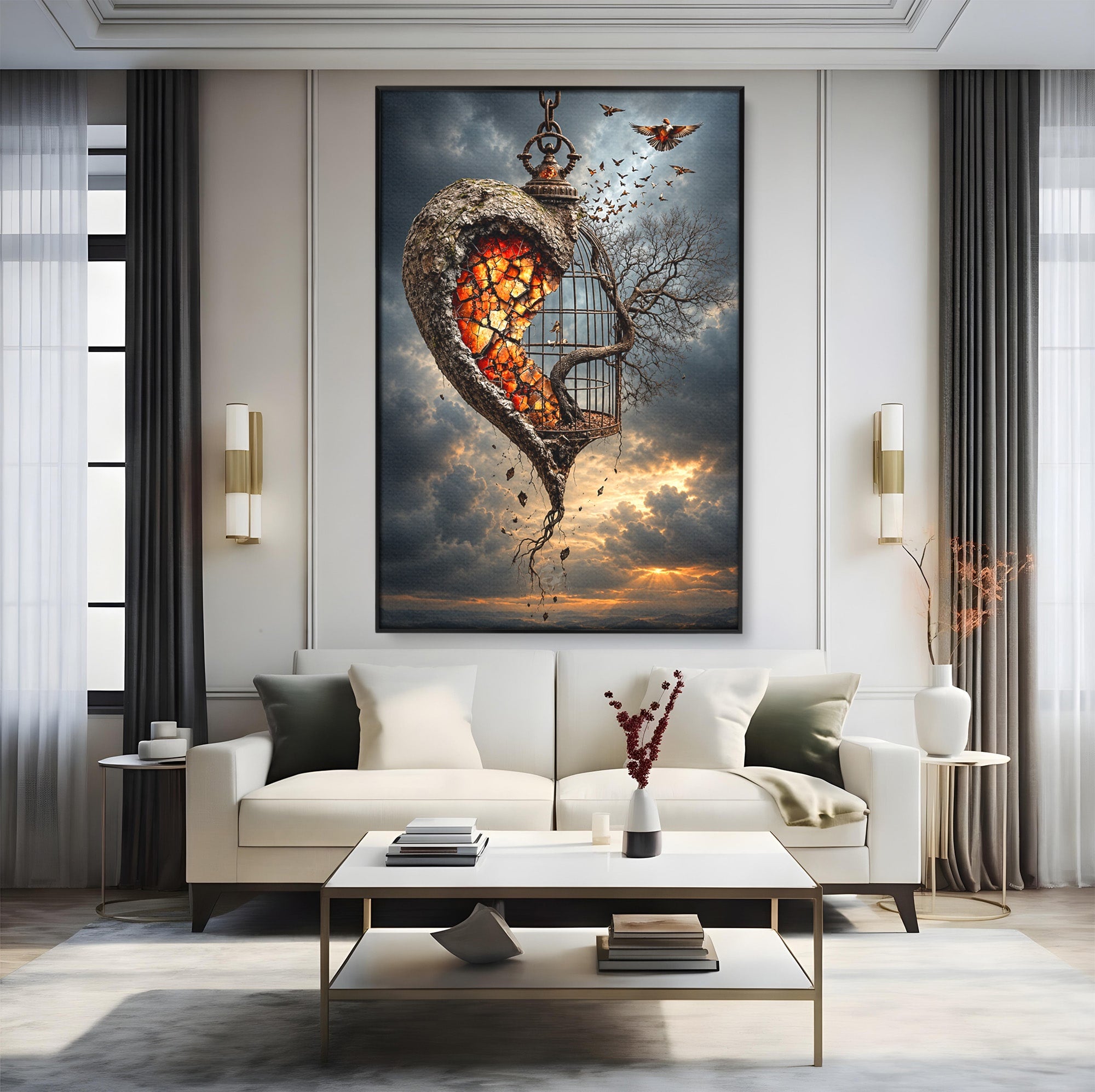 Tablou Canvas Premium LuxCanva® U1145, Inima Eliberata, Cusca, Copac, Apus, Inima, Dormitor, Culori Vibrante