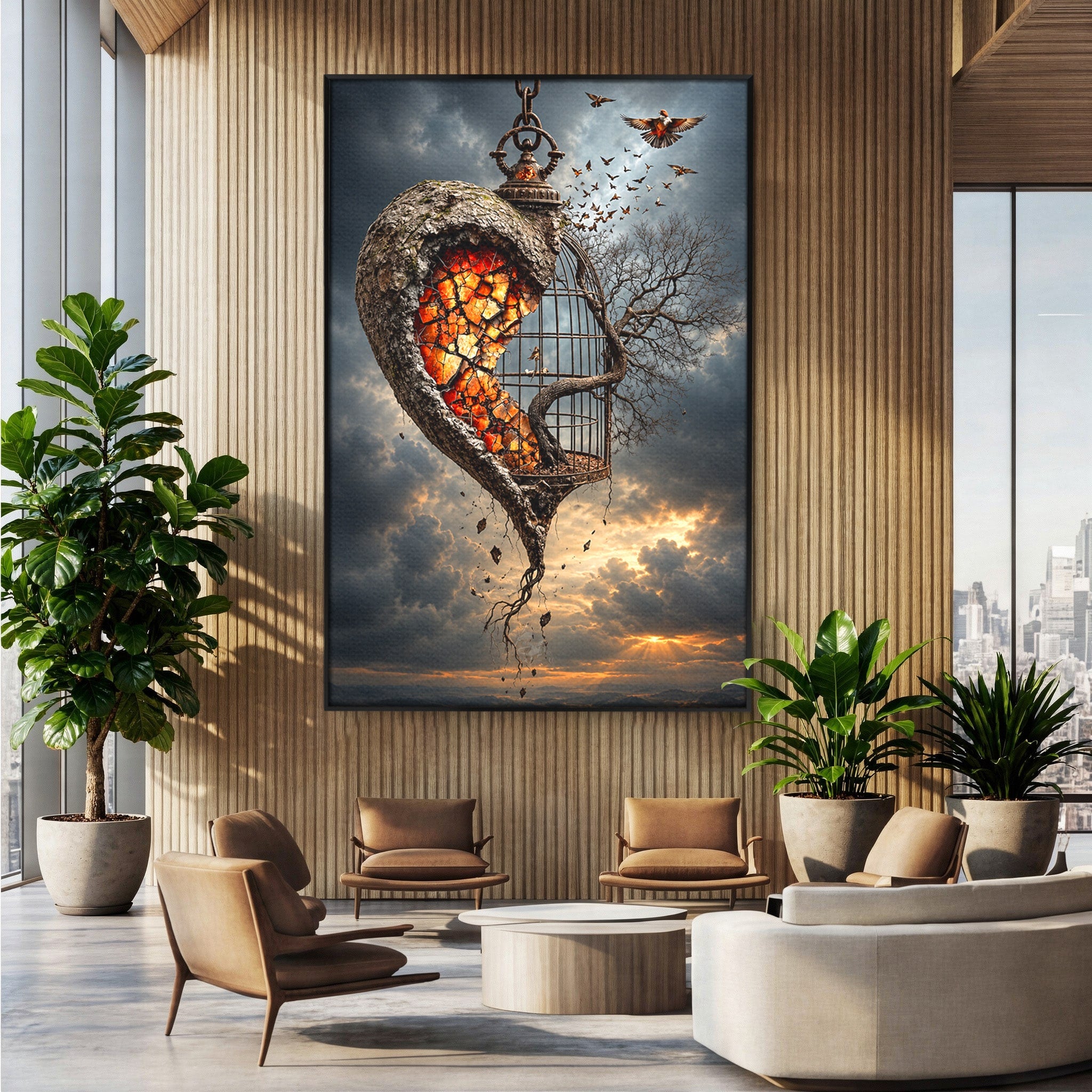 Tablou Canvas Premium LuxCanva® U1145, Inima Eliberata, Cusca, Copac, Apus, Inima, Dormitor, Culori Vibrante