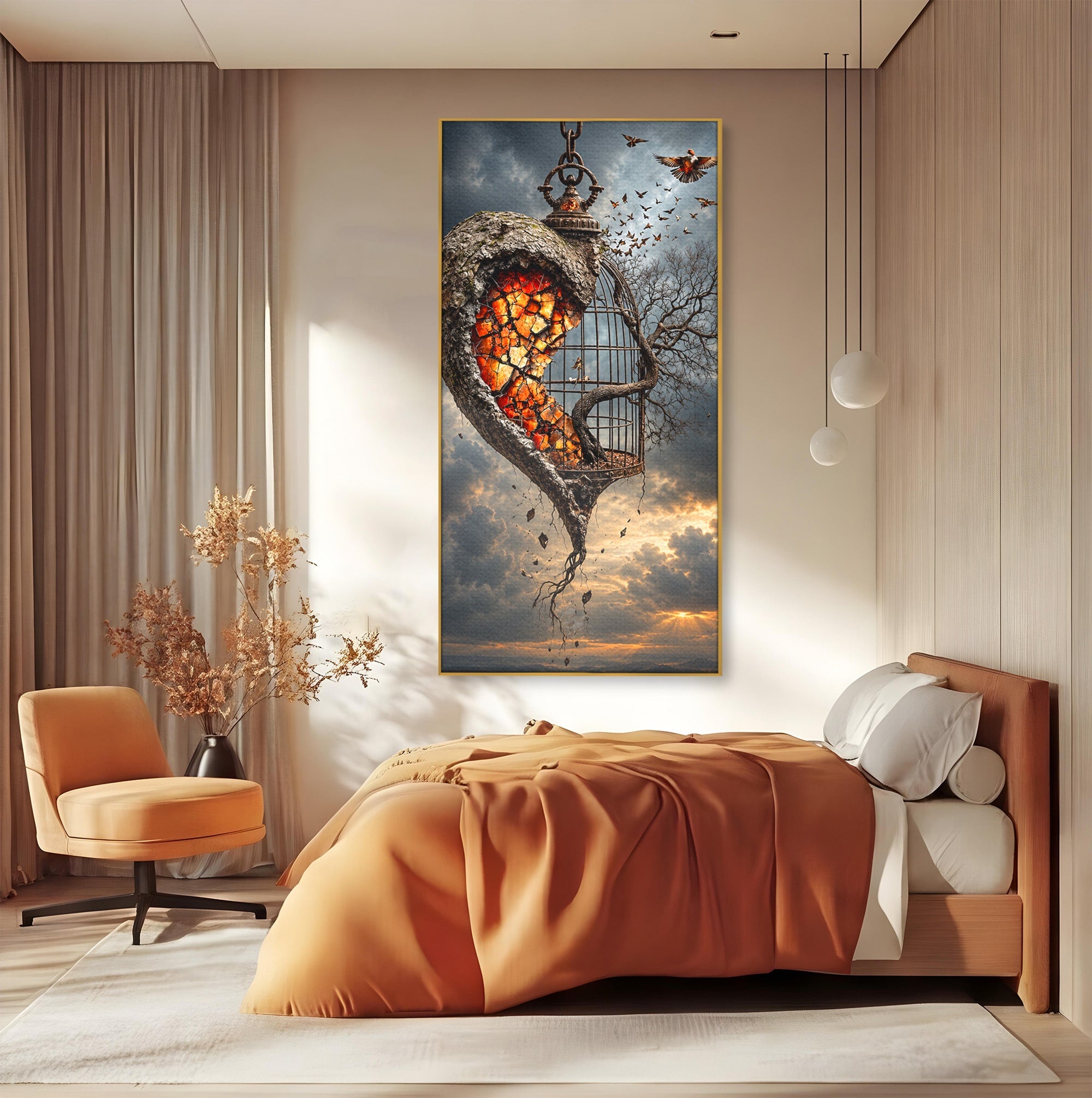 Tablou Canvas Premium LuxCanva® U1145, Inima Eliberata, Cusca, Copac, Apus, Inima, Dormitor, Culori Vibrante