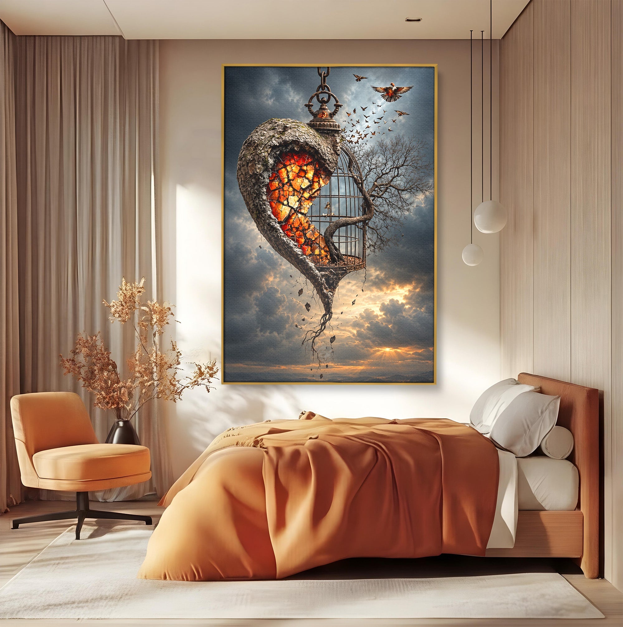 Tablou Canvas Premium LuxCanva® U1145, Inima Eliberata, Cusca, Copac, Apus, Inima, Dormitor, Culori Vibrante