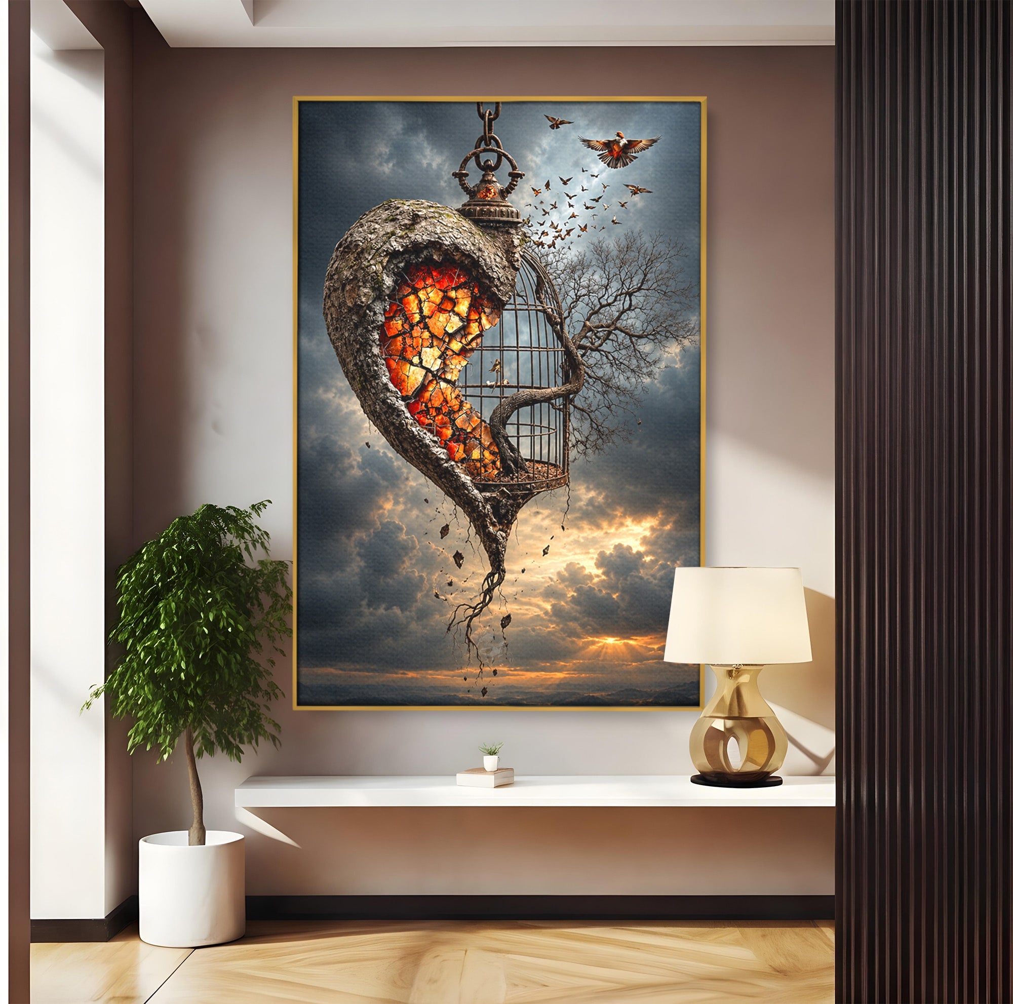 Tablou Canvas Premium LuxCanva® U1145, Inima Eliberata, Cusca, Copac, Apus, Inima, Dormitor, Culori Vibrante